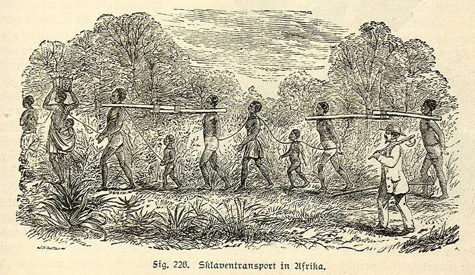 Nineteenth-century engraving showing enslaved people being transported under guard within Africa.