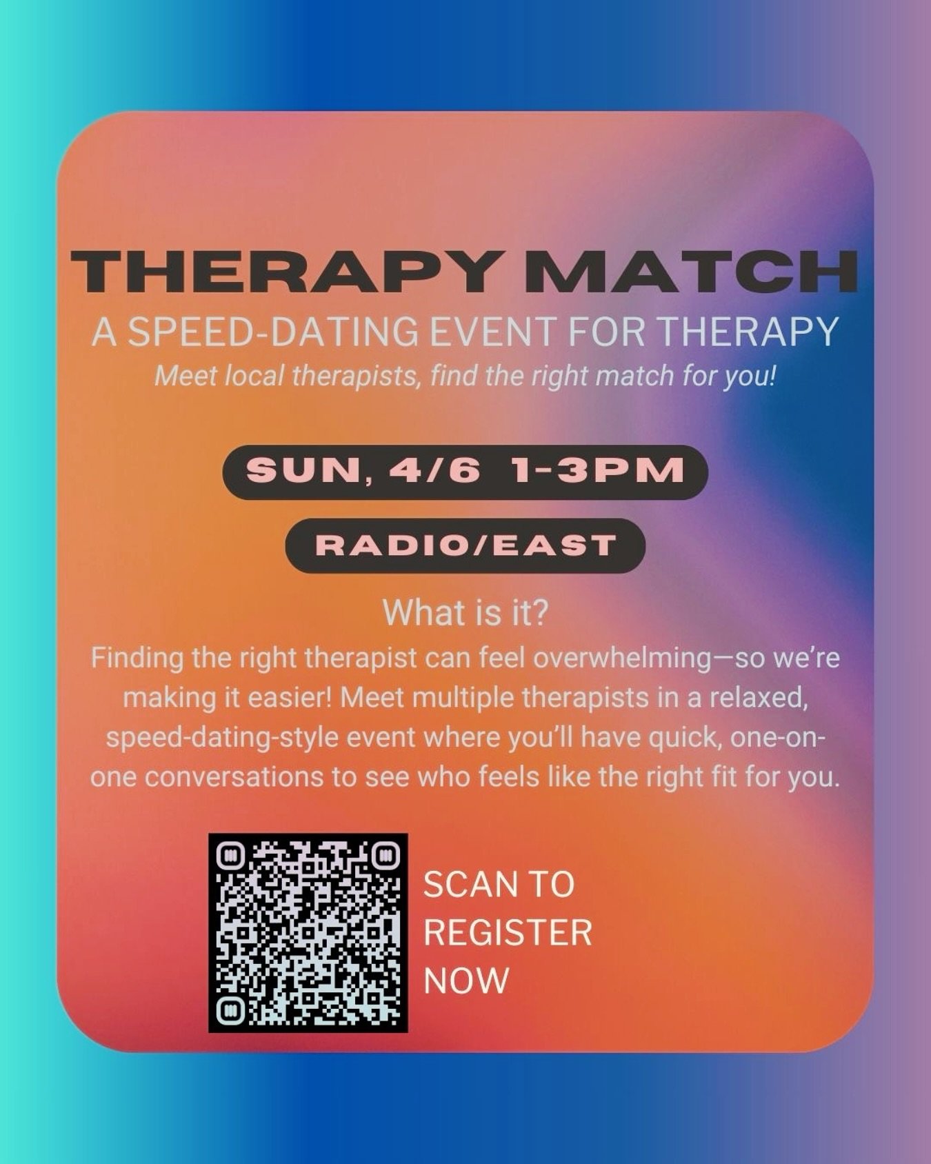 🌟&nbsp;Find Your New Therapist!&nbsp;🌟

Are you on the lookout for the perfect therapist? Join us for a unique event where you can meet multiple therapists in one exciting event! 🗓️✨

How it Works:&nbsp;
✔️ Sit down with different therapists for q