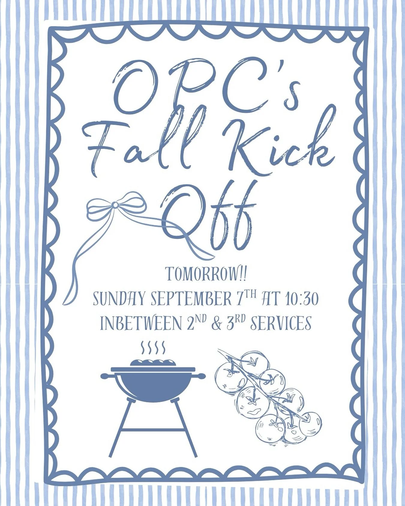 Join us tomorrow at our Fall Kick Off! There will be barbecue, water slides, and fun for the kids! See you all then
