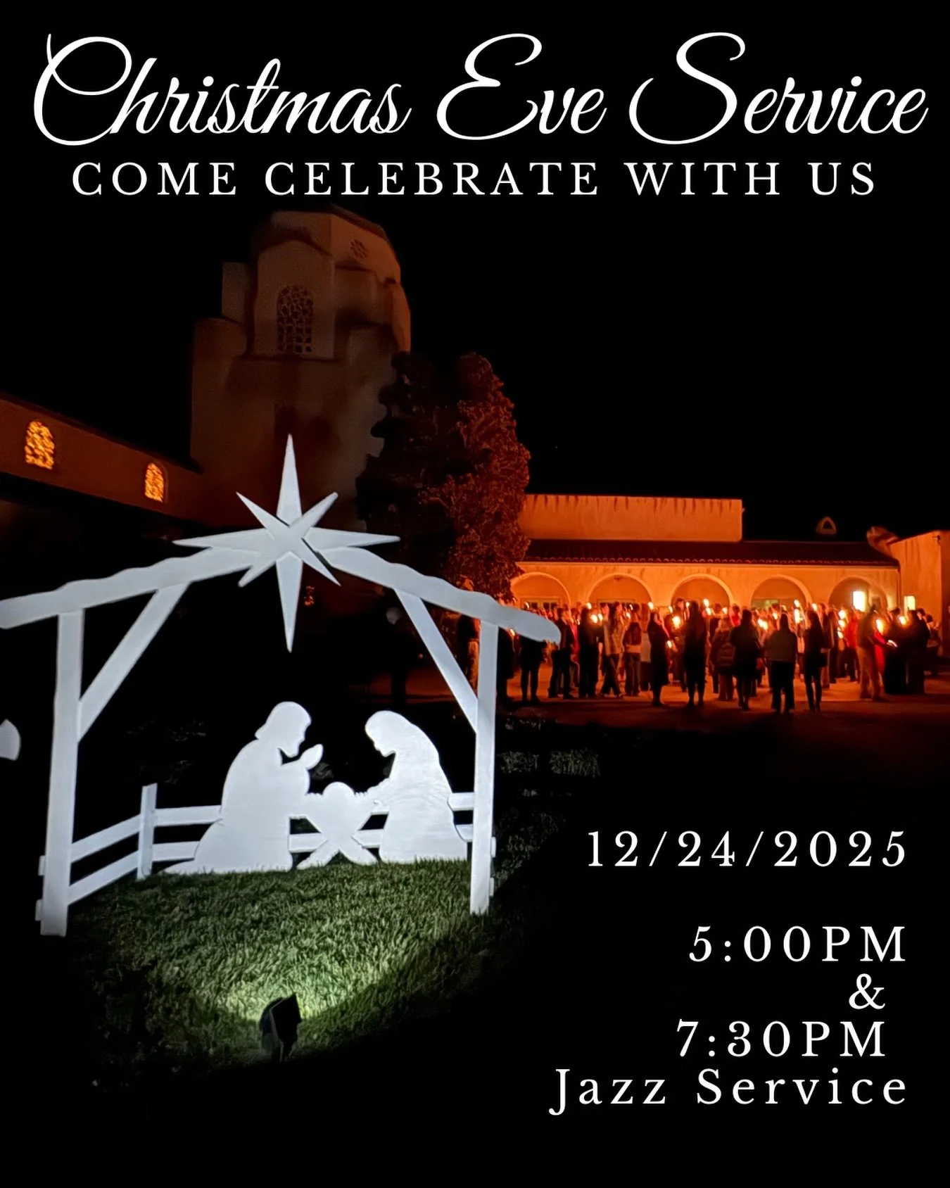 Come celebrate with us this Christmas Eve! 

Due to the weather both services will be moved inside the sanctuary. We will have a 5:00PM service with a children&rsquo;s moment and 7:30 Jazz service.

We look forward to seeing you there!