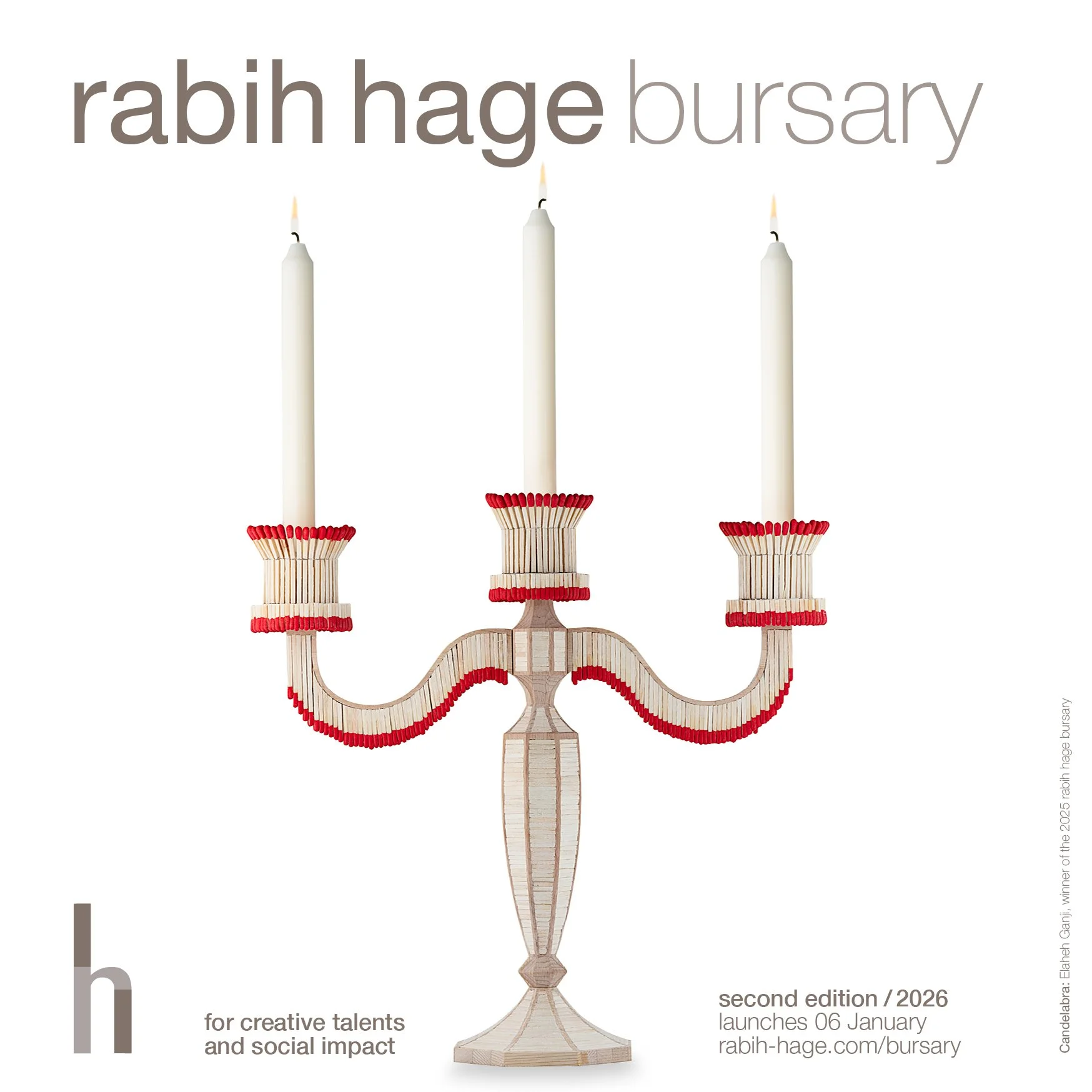 Announcement image for the 2026 rabih hage bursary with an image of a candelabra made of matchsticks by 2025 bursary winner Elaheh Ganji