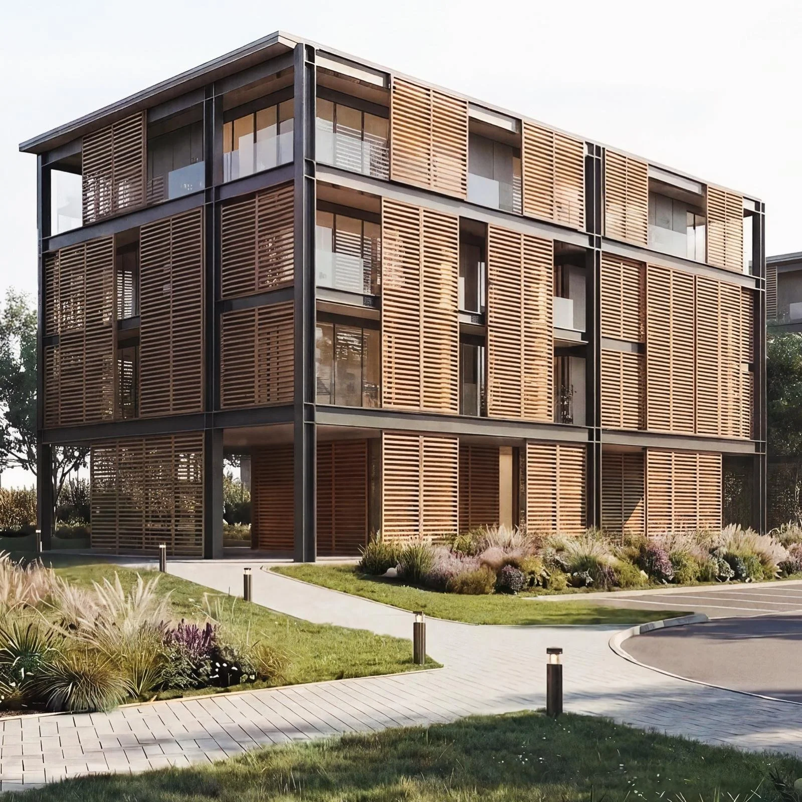 Exterior view of a pre-fabricated apartment block with steel frame and slatted timber shutters.