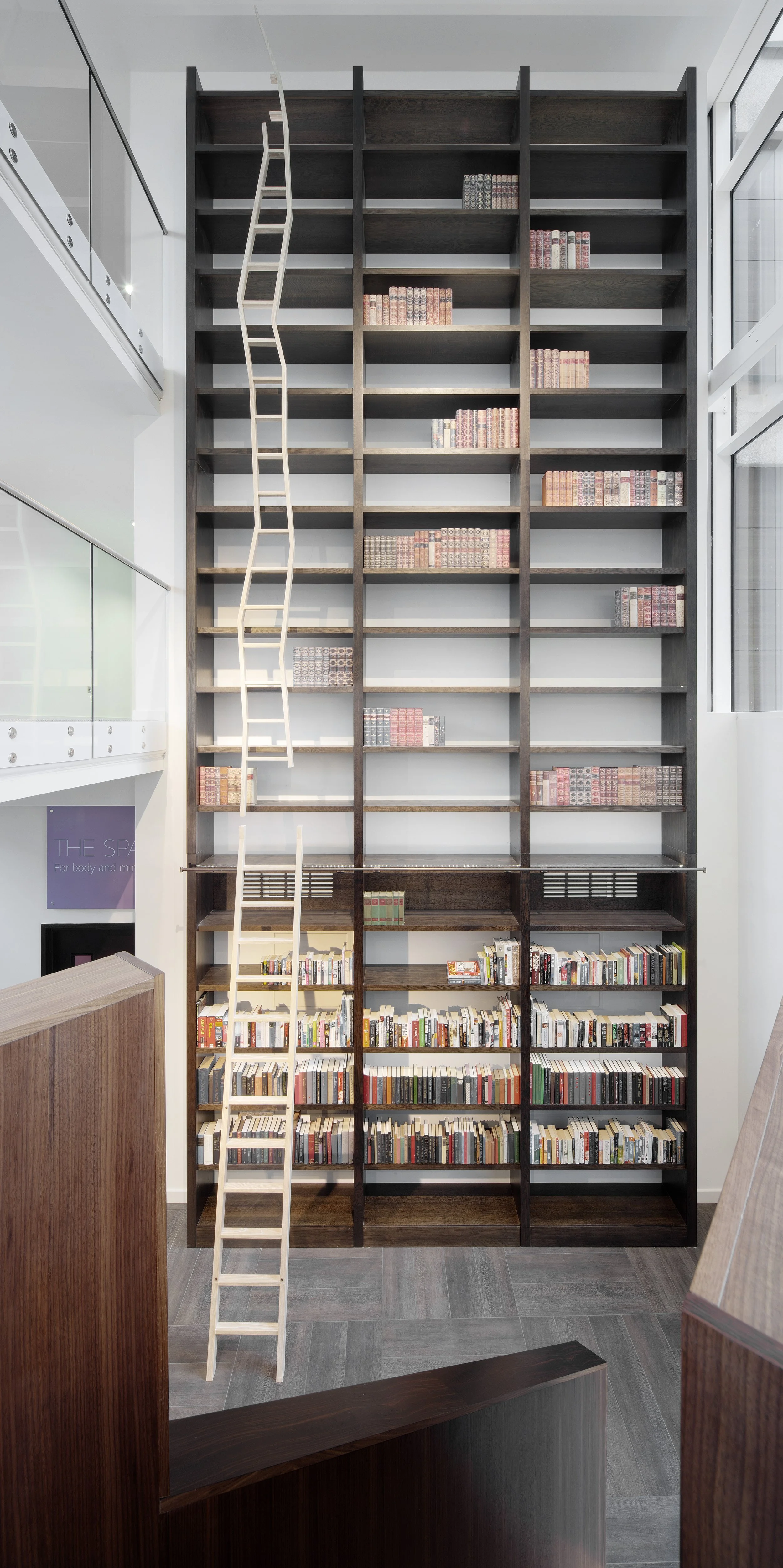 Detail of the 7-metre bookcase with a ladder-to-nowhere inspired by Alice in Wonderland.