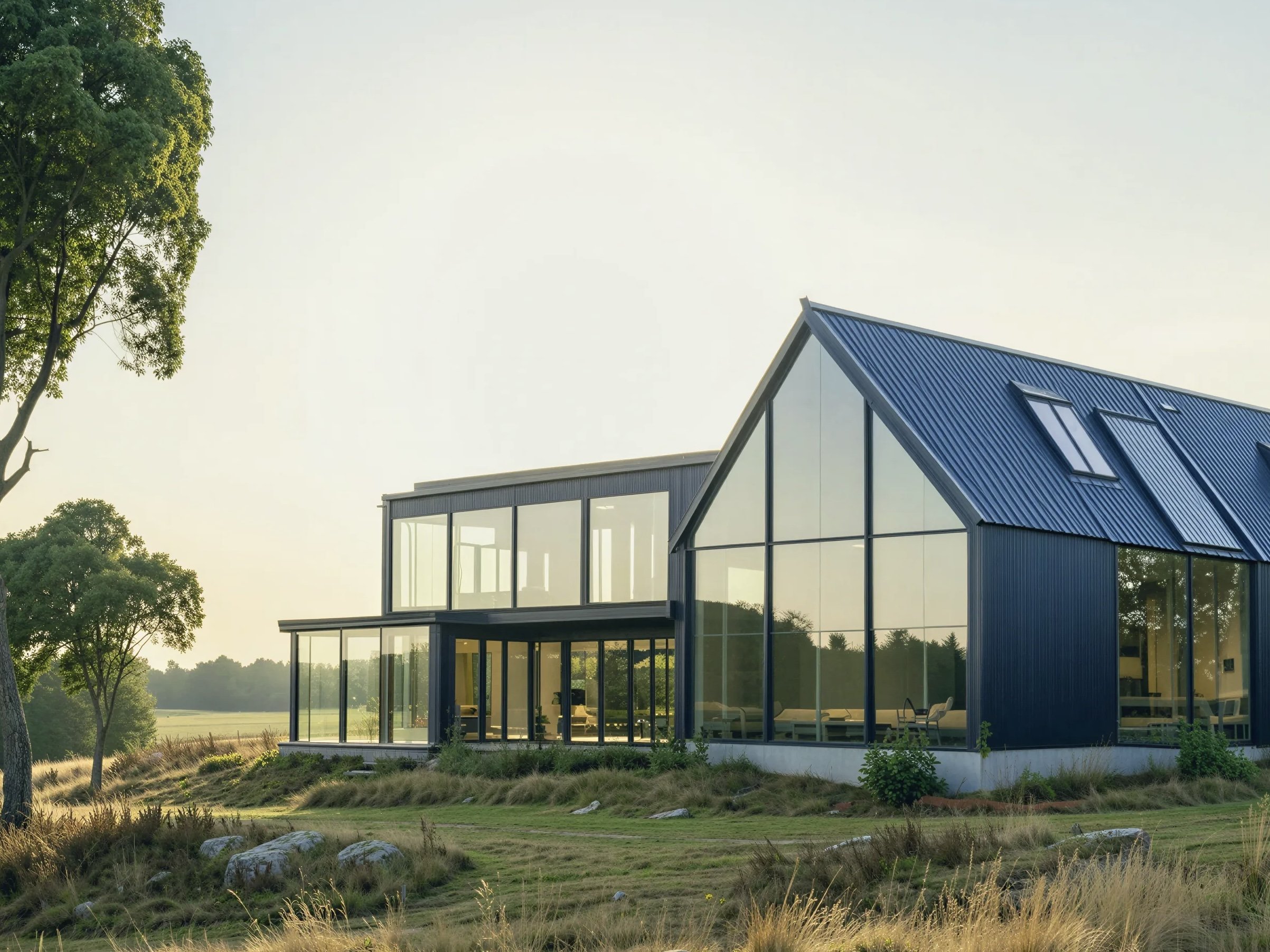 Exterior image of a modern country house with glass facades and steel siding.