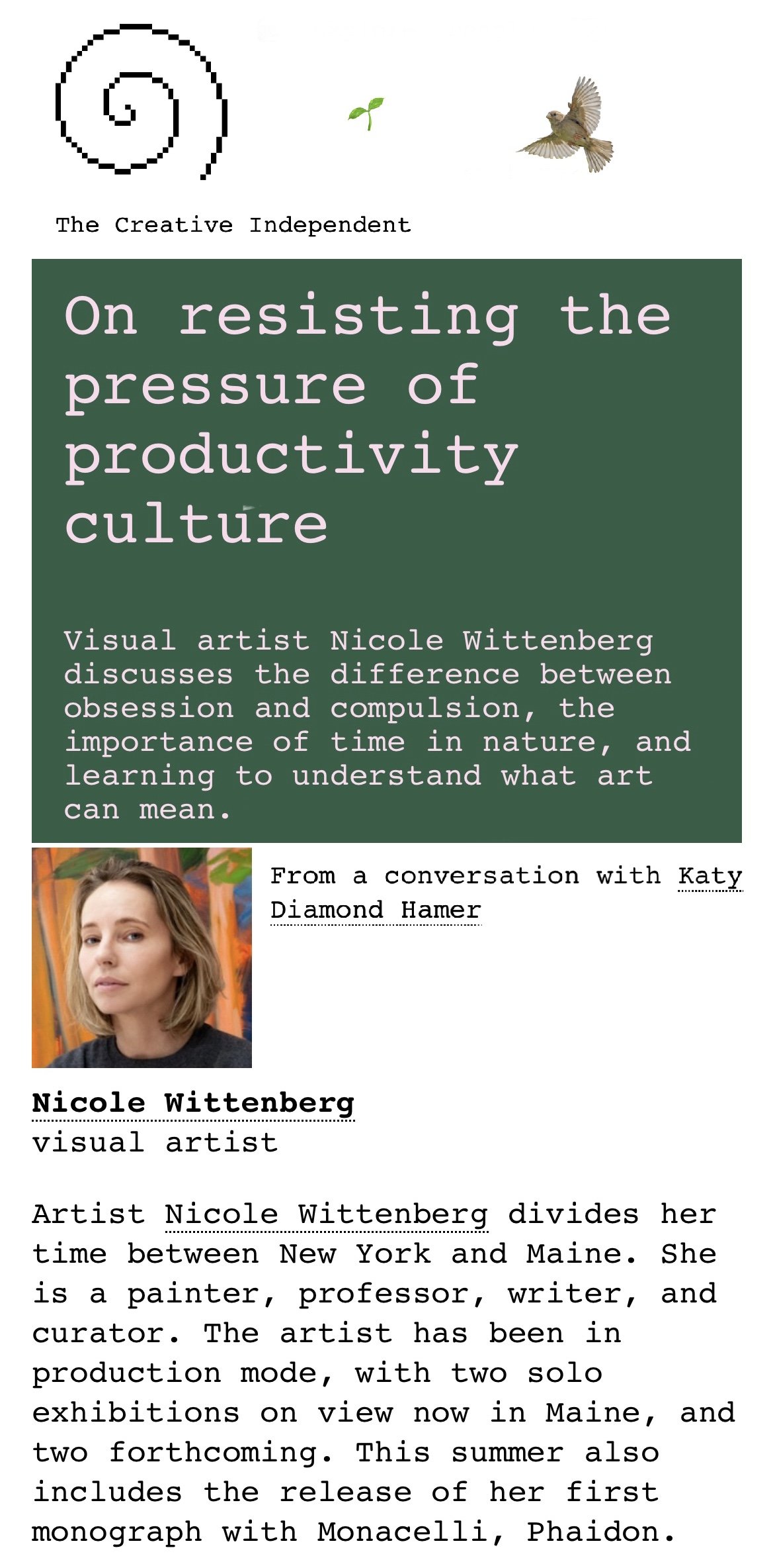 The Creative Independent, Interview with Nicole Wittenberg