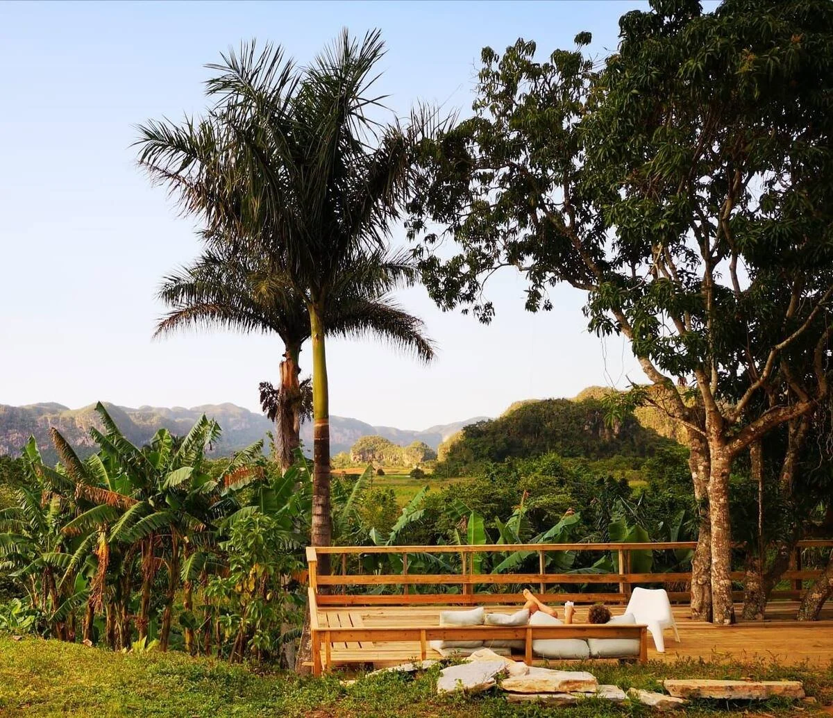 A person lying on a sofa on a wooden outdoor deck surrounded by lush trees and tropical plants, with mountain seen in the distance under a clear sky.