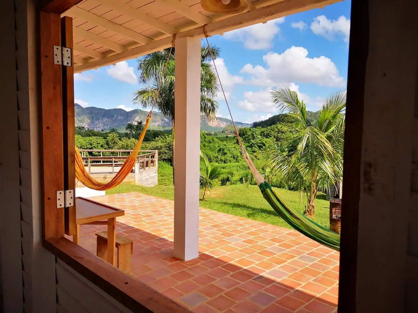 View of a tropical backyard with hammocks, palm trees, and mountains in the distance, seen from a porch with brick flooring and wooden trim.