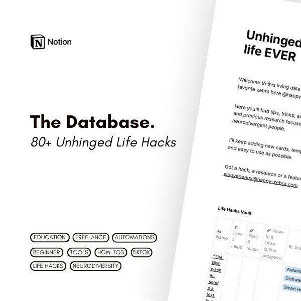 Page d'introduction d'une ressource numérique intitulée "La base de données. 80+ astuces pour une vie sans faille" avec le logo de Notion, des mots-clés comme ÉDUCATION, AUTONOMIES, LIFE HACKS, et un aperçu de conseils pour une vie d'organisation et d'efficacité.
