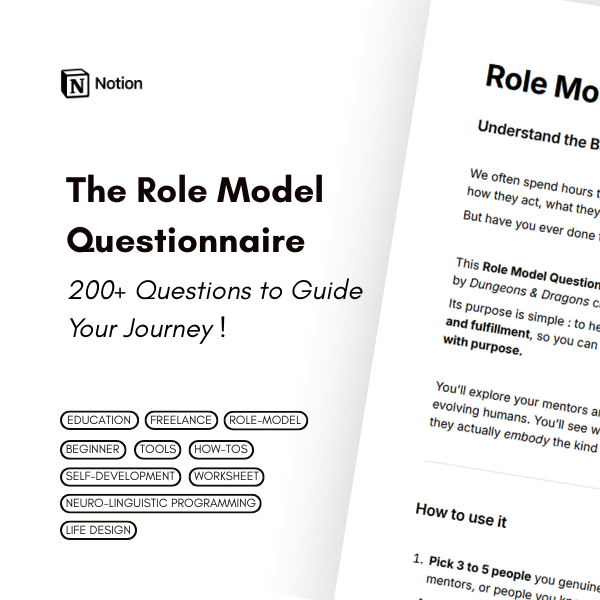 Page de couverture d'un guide intitulé 'The Role Model Questionnaire' avec des mots-clés tels que Éducation, Freelance, Role-Model, Débutant, Outils, Comment faire, Auto-développement, Feuille de travail, Programmation neuro-linguistique, Conception de vie.