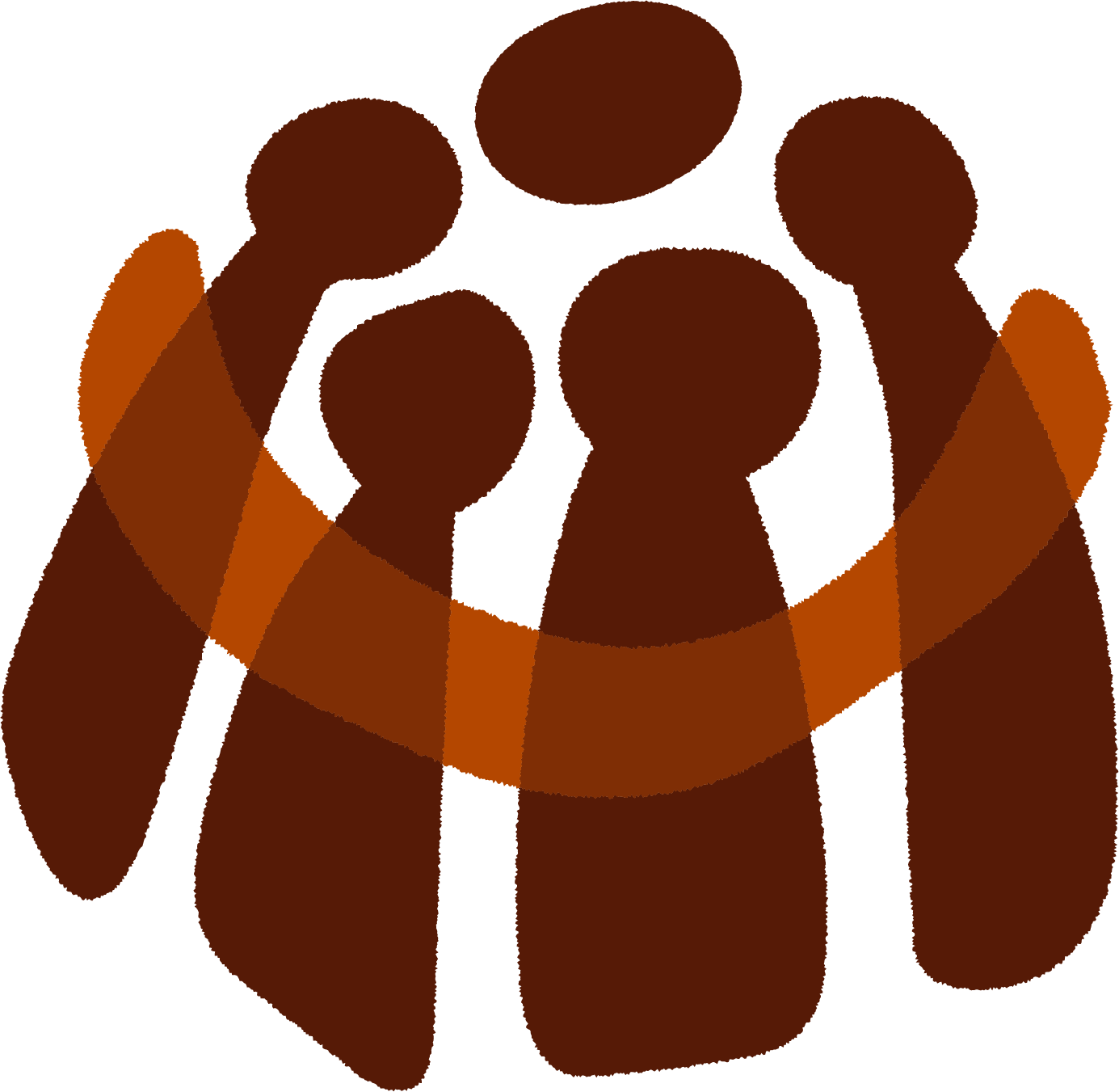 An abstract illustration of five brown figures in a group hug