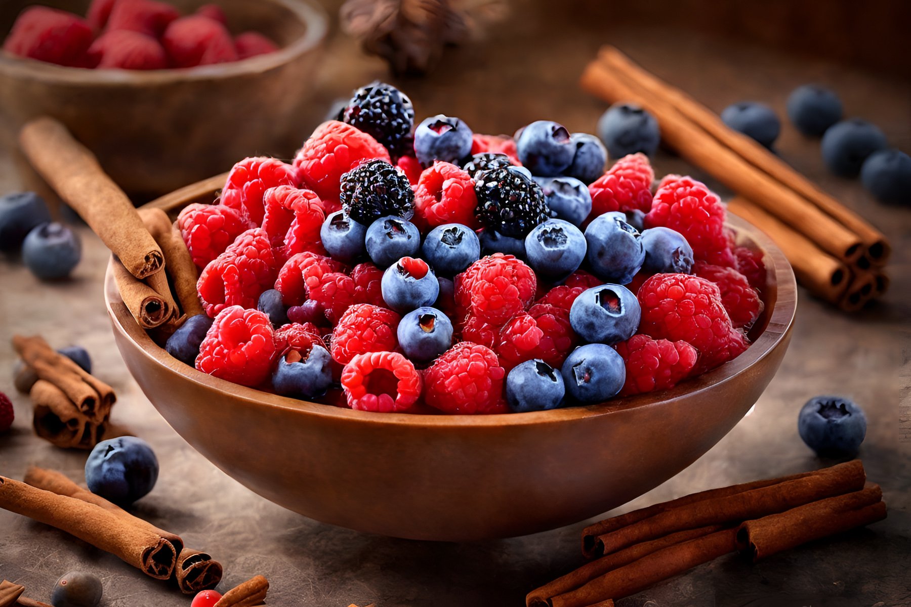 Bowl of berries and cinnamon for a yankee candle style of wax melt candles.