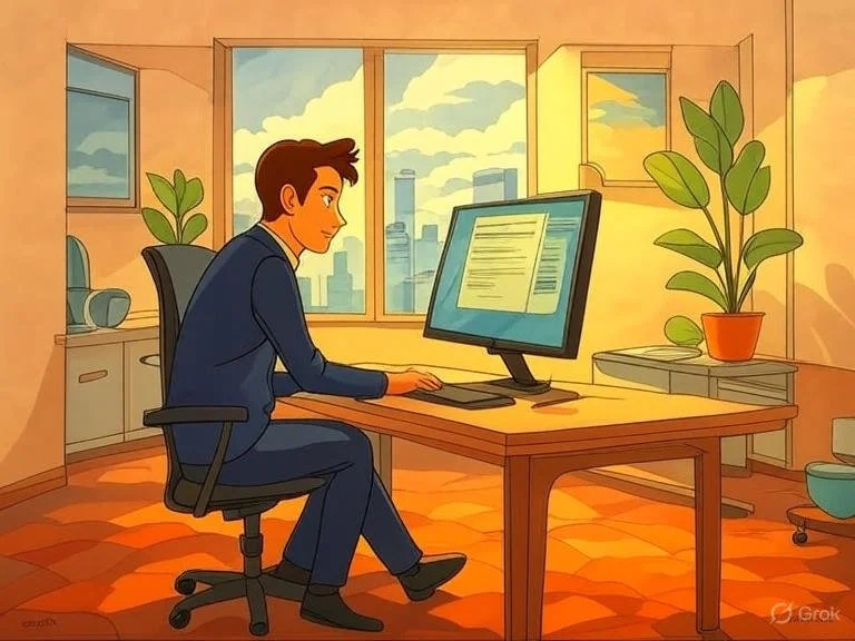 An animated man in a blue suit sitting at a wooden desk with a computer monitor in a bright office. The office has large windows showing a city skyline with tall buildings and partly cloudy sky. There are green potted plants on either side, and a few office supplies on a side table.