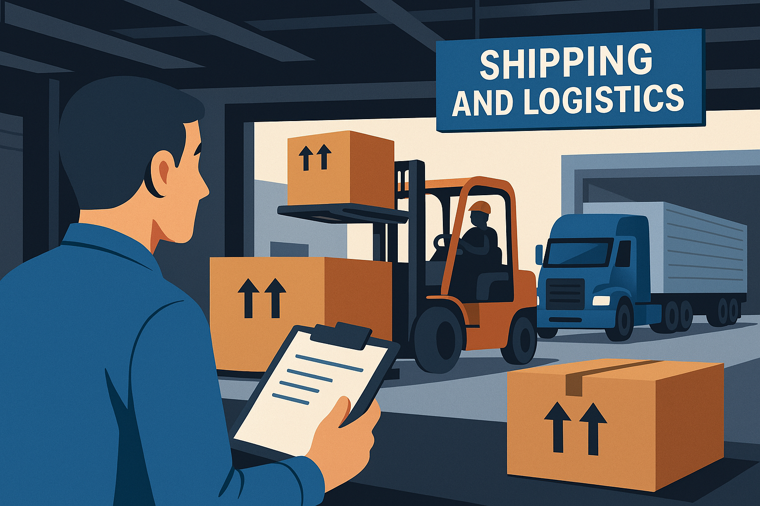 Person inspecting cargo at shipping and logistics warehouse with forklift and trucks