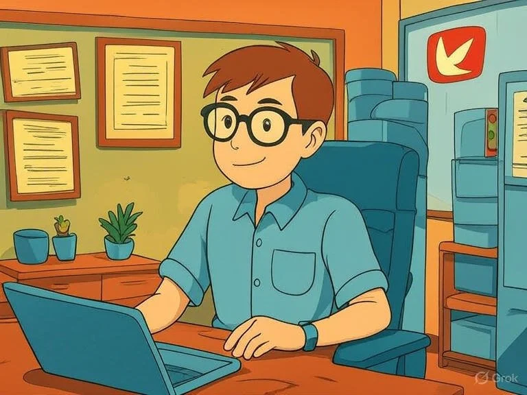 Cartoon man with brown hair, glasses, and a blue shirt sitting at a desk with a laptop, in an office with framed documents on the wall, potted plants, and a water cooler.