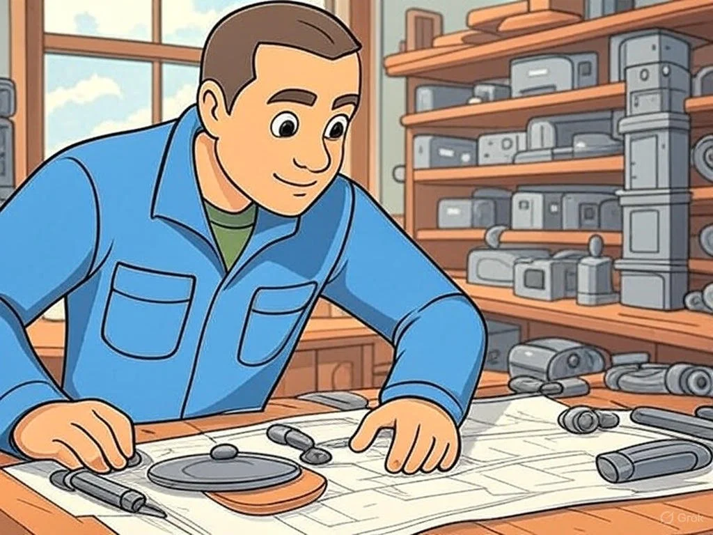 A person in a blue shirt looking at a blueprint in a workshop filled with various camera equipment.