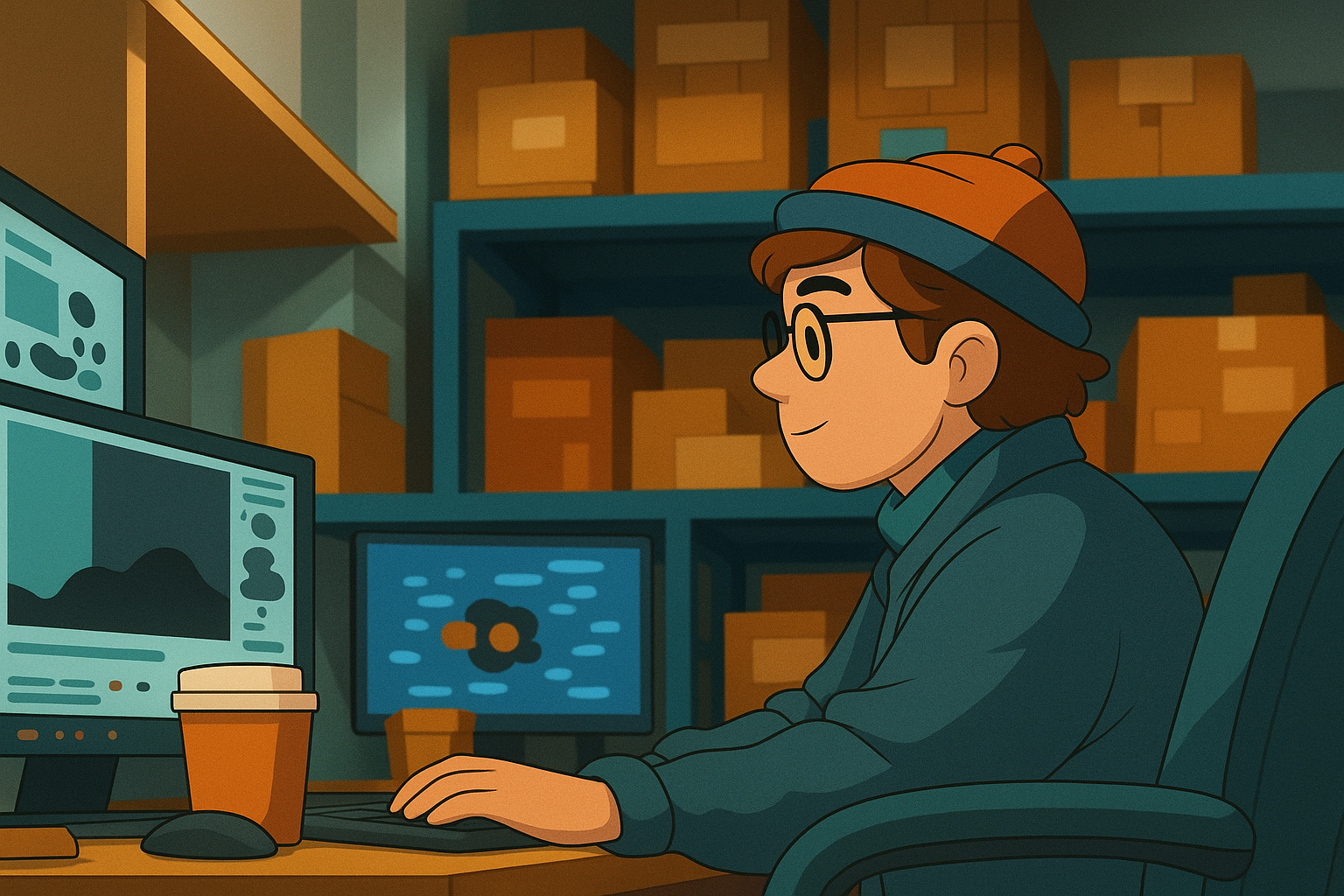 An animated person with glasses, wearing a hat, sits at a desk working on a computer in a storage room with shelves of boxes.