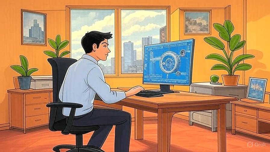Illustration of a young man working at a desk in an office with large window view of city skyline and skyscrapers; desk has computer monitor and potted plants.