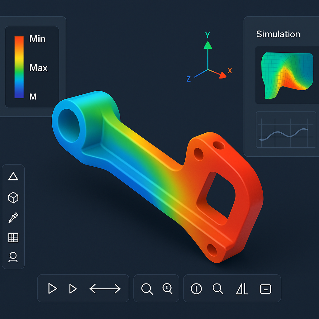 Colored stress analysis simulation of a metallic mechanical part showing different stress regions, with a 3D coordinate system and graphs in the background.