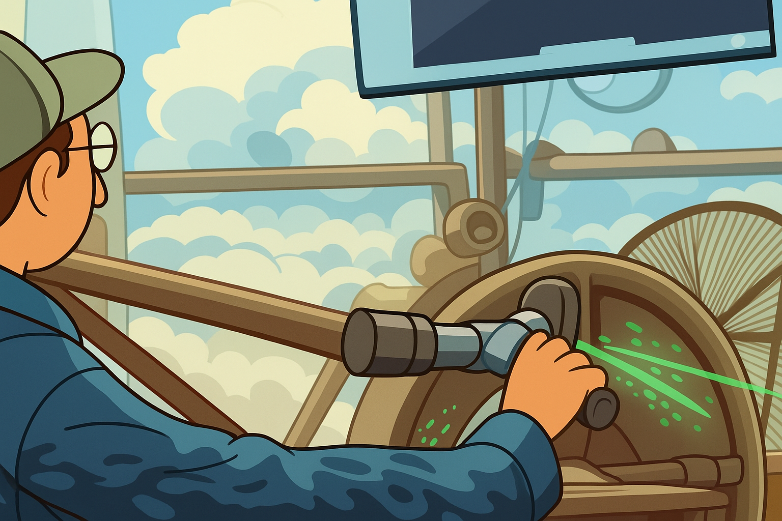 A person operating a vintage aircraft's control wheel with a telescope, with clouds visible through the cockpit window and a screen above.