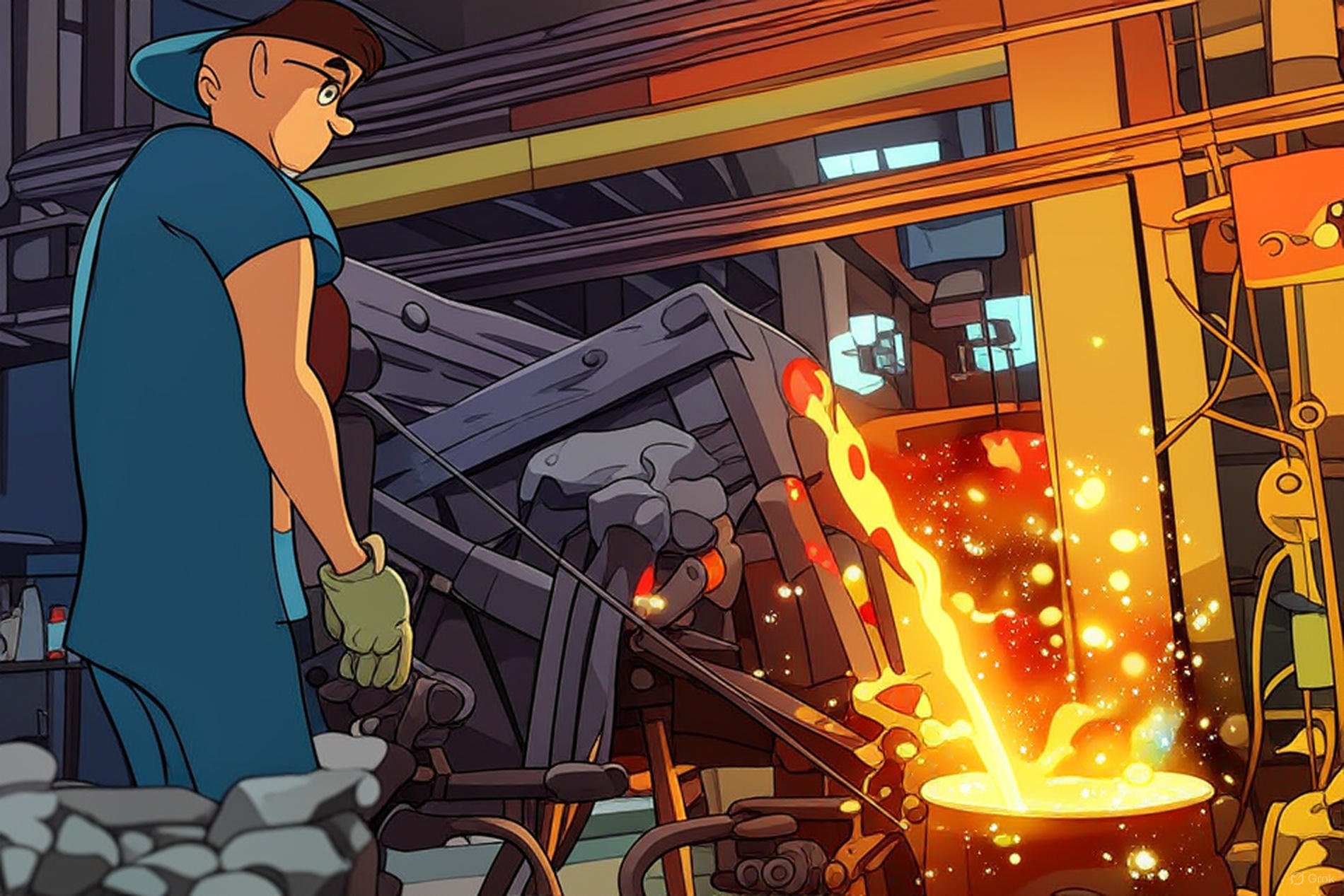 An animated cartoon of a blacksmith working with molten metal in a forge, wearing gloves and a blue apron.