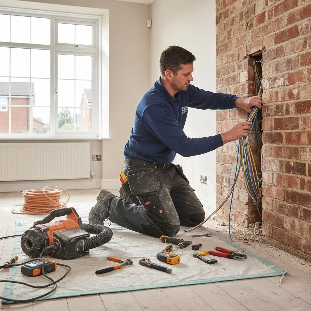Electrician working on electrical wiring in a brick wall