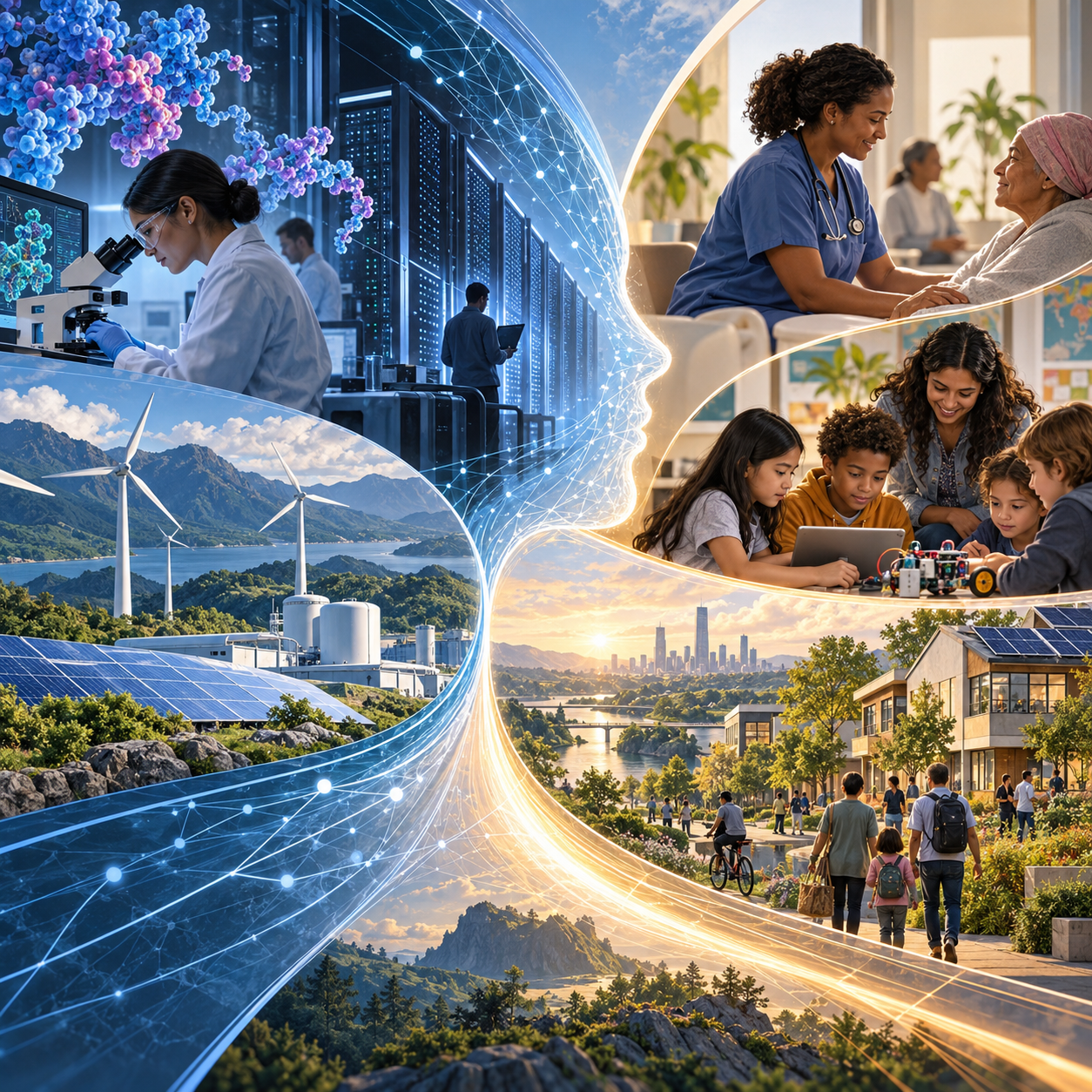 Composite illustration connecting AI research and computing with renewable energy, healthcare, classroom learning, and community life.