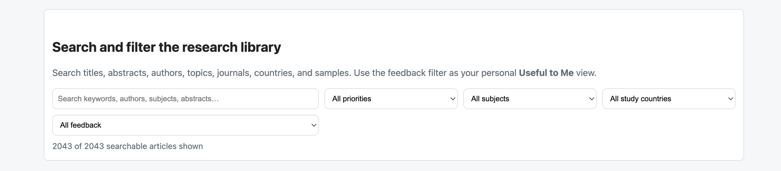 Search and filter controls for a local research library containing 2,043 searchable articles.
