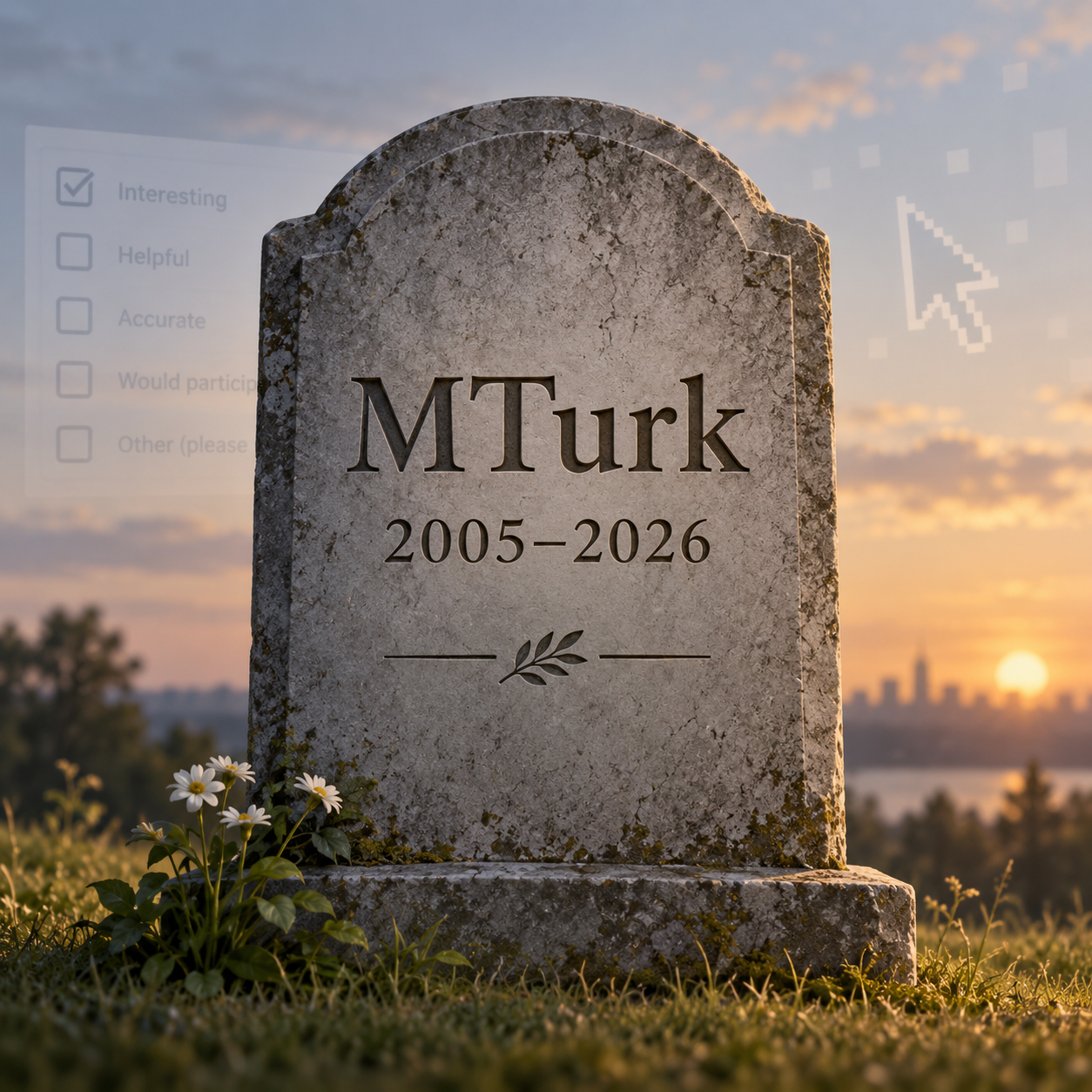 Tombstone reading “MTurk 2005–2026” at sunset, with survey checkboxes and a cursor in the background.