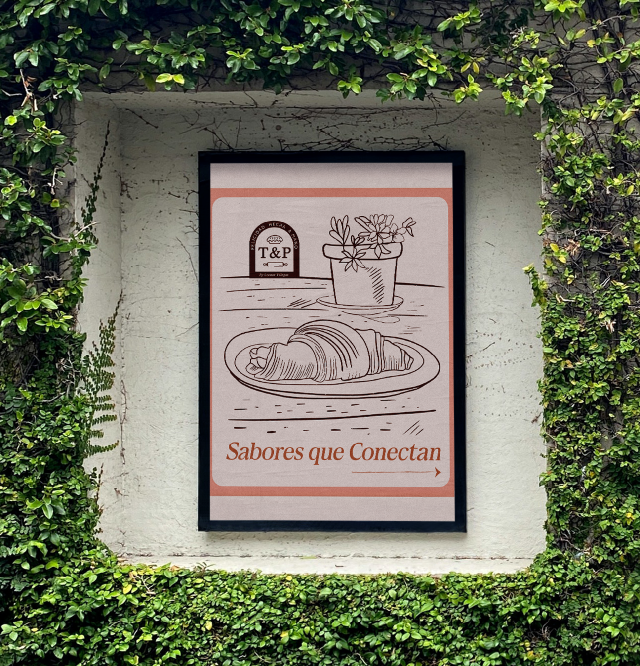 Póster de T & Postre en una pared con enredaderas