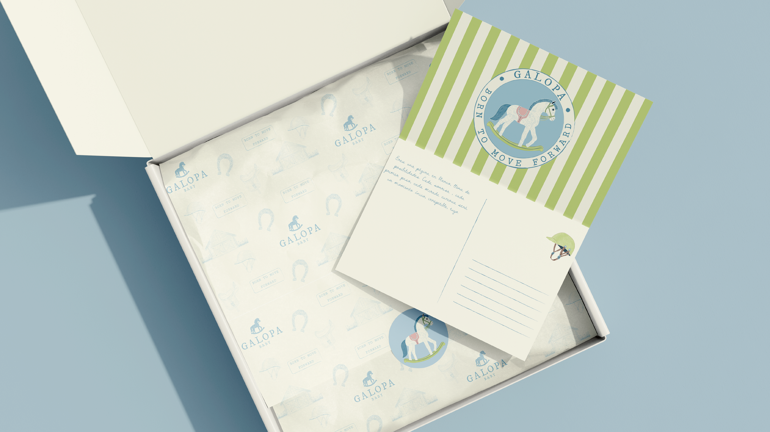 Caja de Galopa con papel de seda y postal a rayas verdes