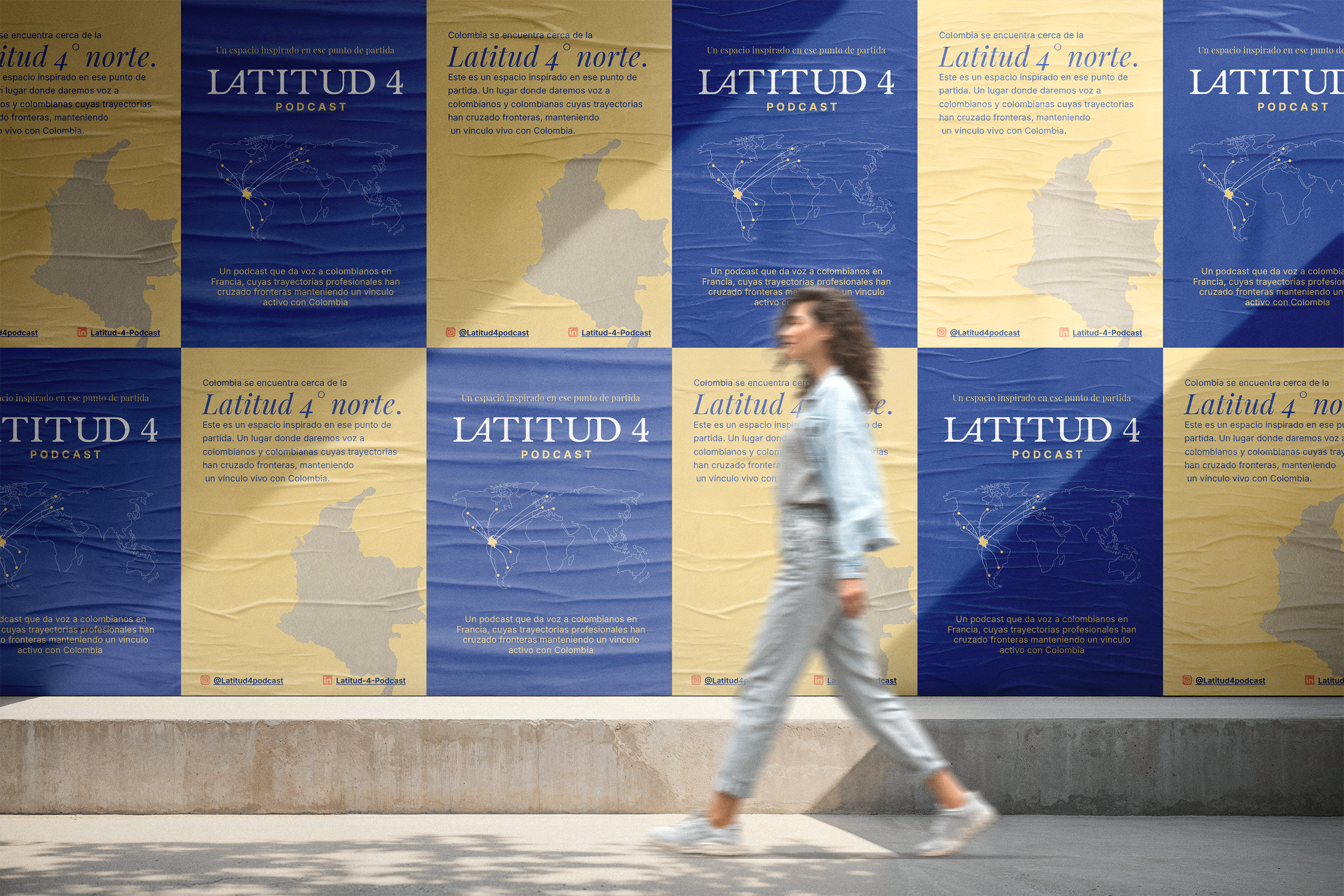 Wall with Latitud 4 posters and a woman walking by