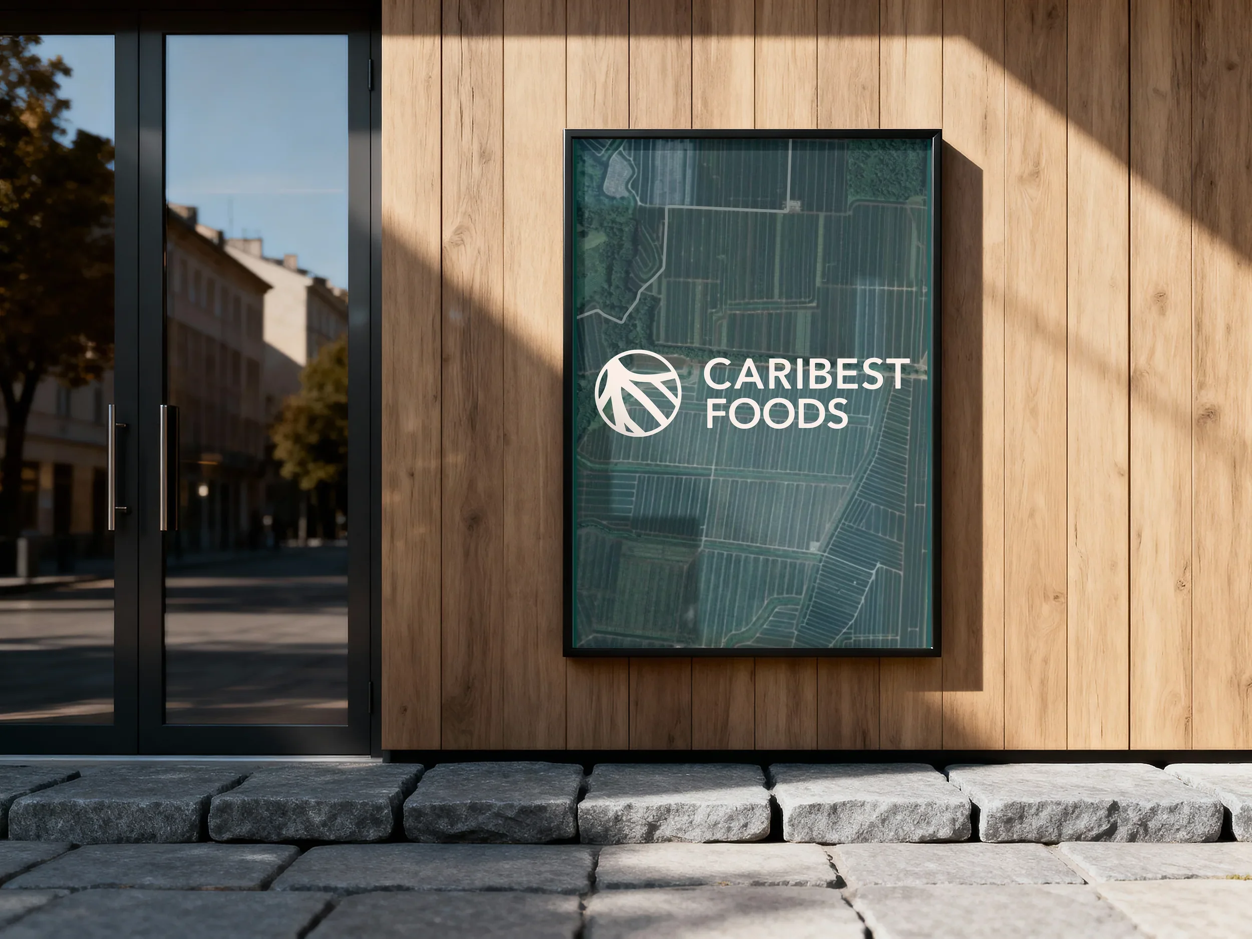 Póster de Caribest Foods en una fachada de madera