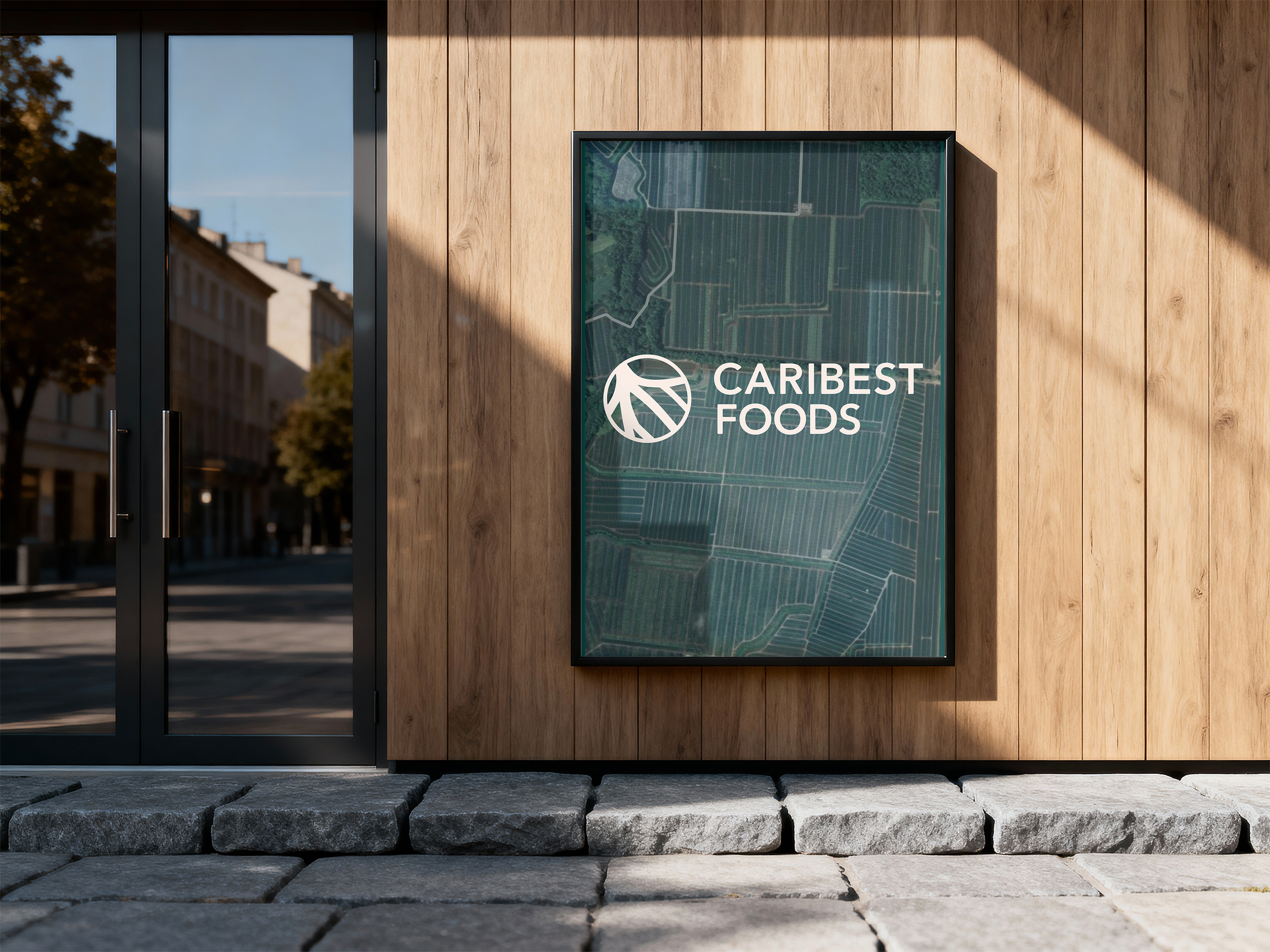 Caribest Foods poster on a wooden facade