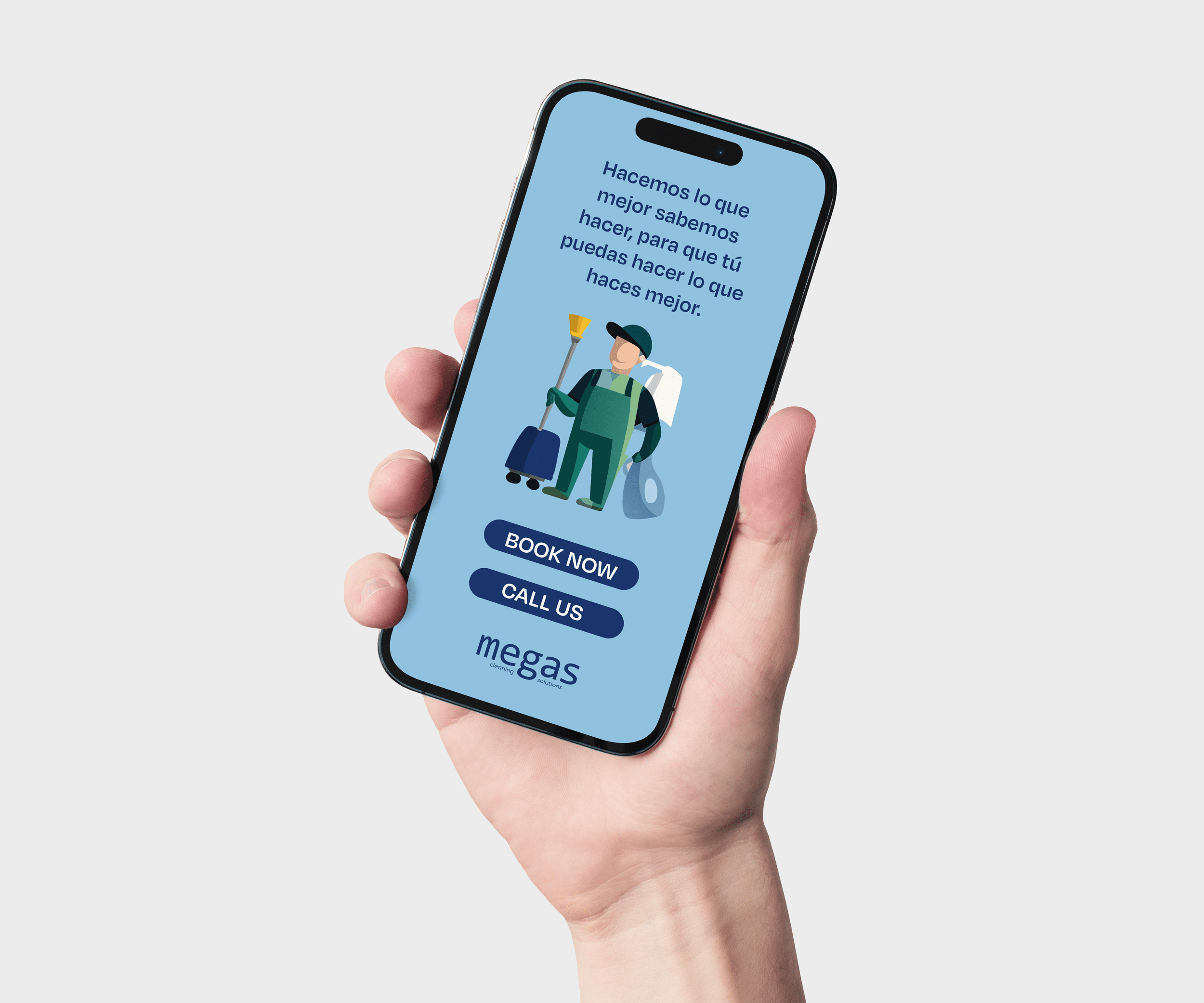 Celular con una pieza de Megas Cleaning en una mano
