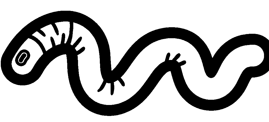 Black and white drawing of a cartoon worm with simple features.