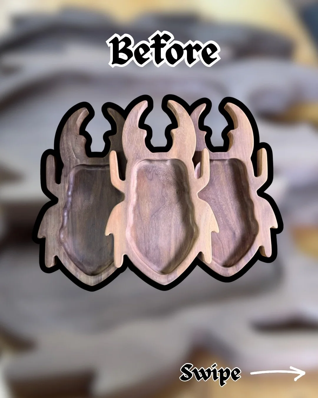 Every piece of walnut has its own personality, and these beetle trays really show it off in the after picture, where the finish has been applied ✨

I love working with walnut for this reason. It&rsquo;s dark, rich, and dramatic in a way that feels al