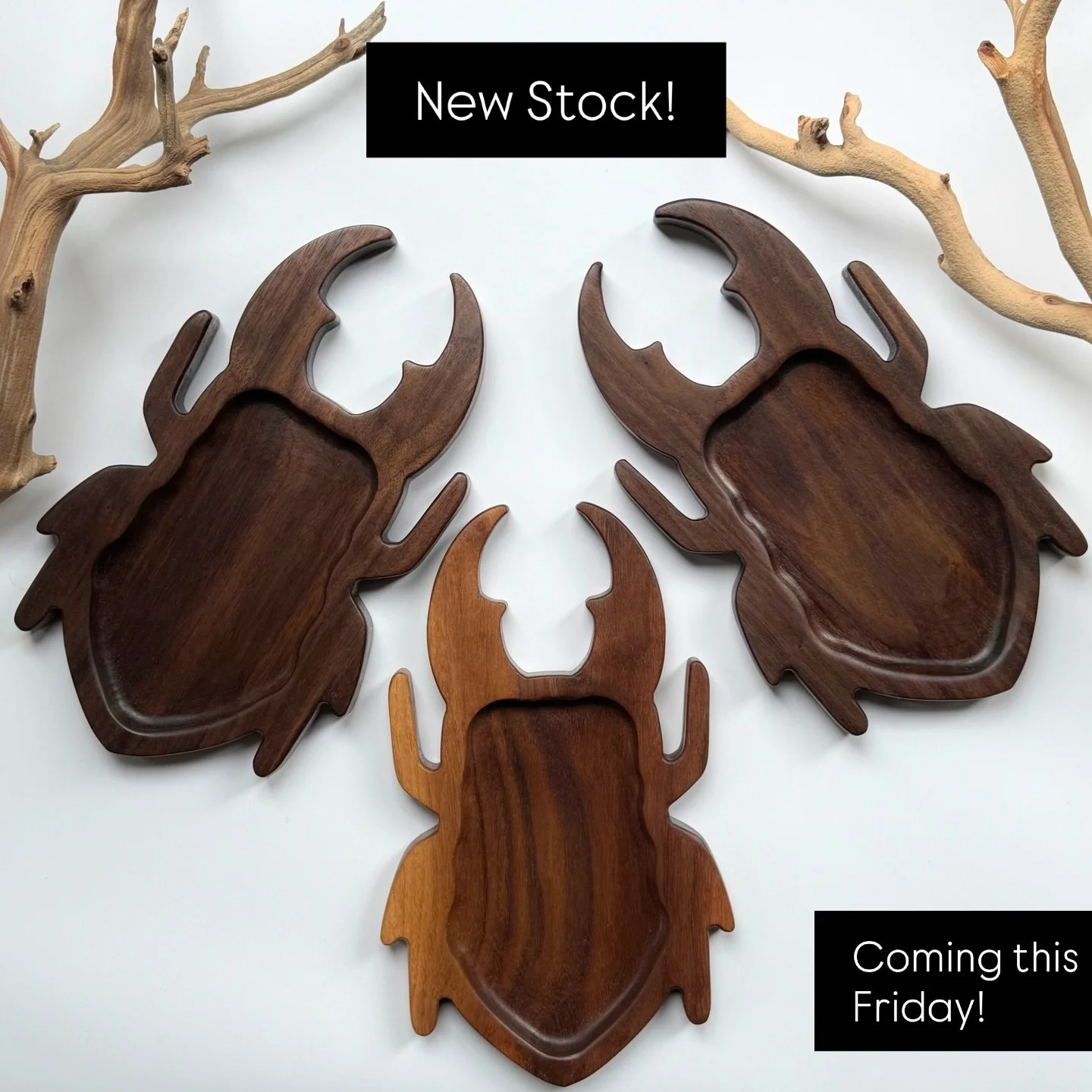 Coming soon 🖤

My newly designed stag beetle bowl is almost here, sculpted from gorgeous walnut with deep, natural grain patterns that make every piece one of a kind. Equal parts functional decor and dark nature-inspired art! 

New stock drop Friday