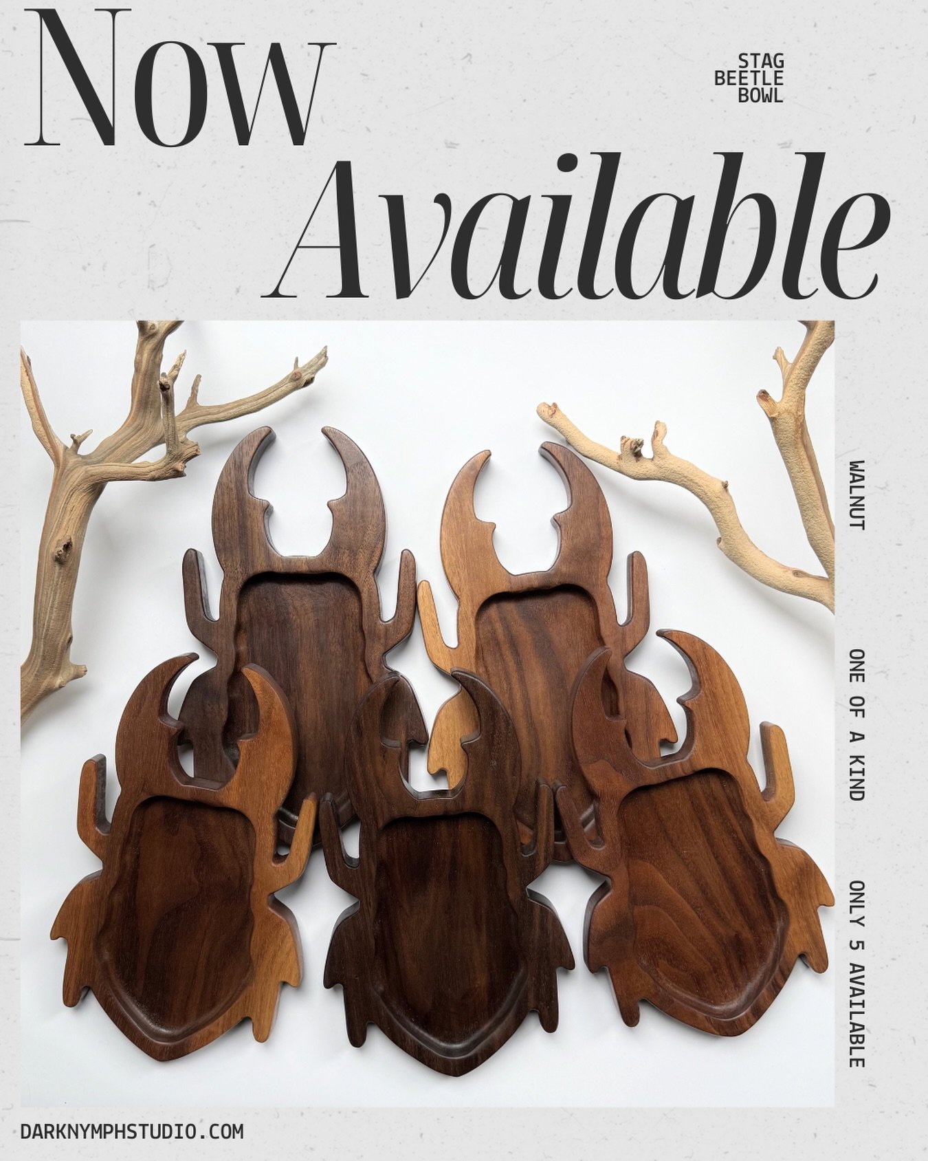 Now available 🖤

Five pieces. 
Solid walnut. 
No duplicates.

If one speaks to you, don&rsquo;t wait too long.

🔗 link in bio 

walnut decor &bull; gothic home decor &bull; bugcore &bull; handmade wood &bull; catchall tray &bull; artist desk setup 