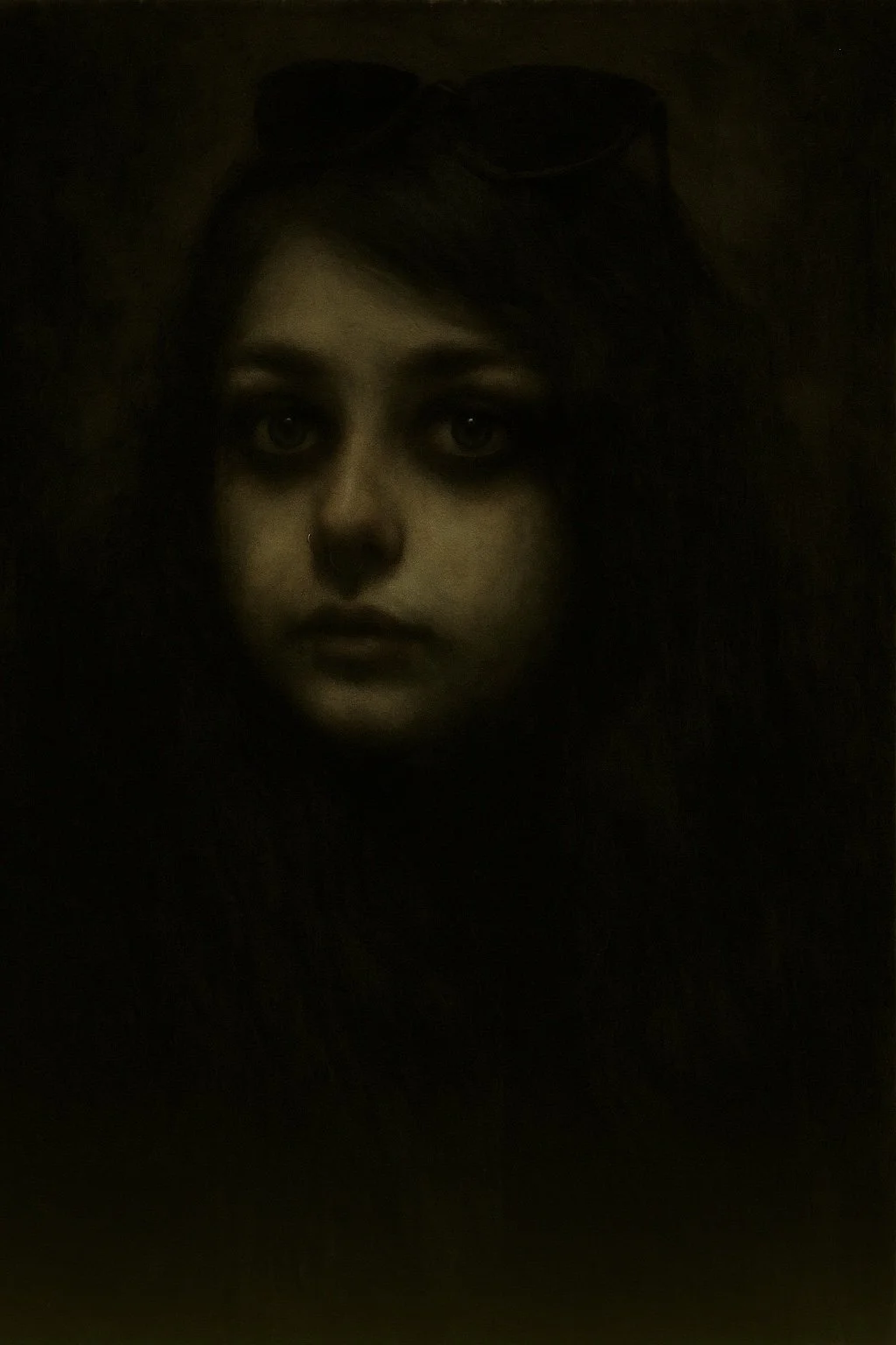 A person with dark hair and makeup, wearing sunglasses on top of their head, in a dimly lit environment.