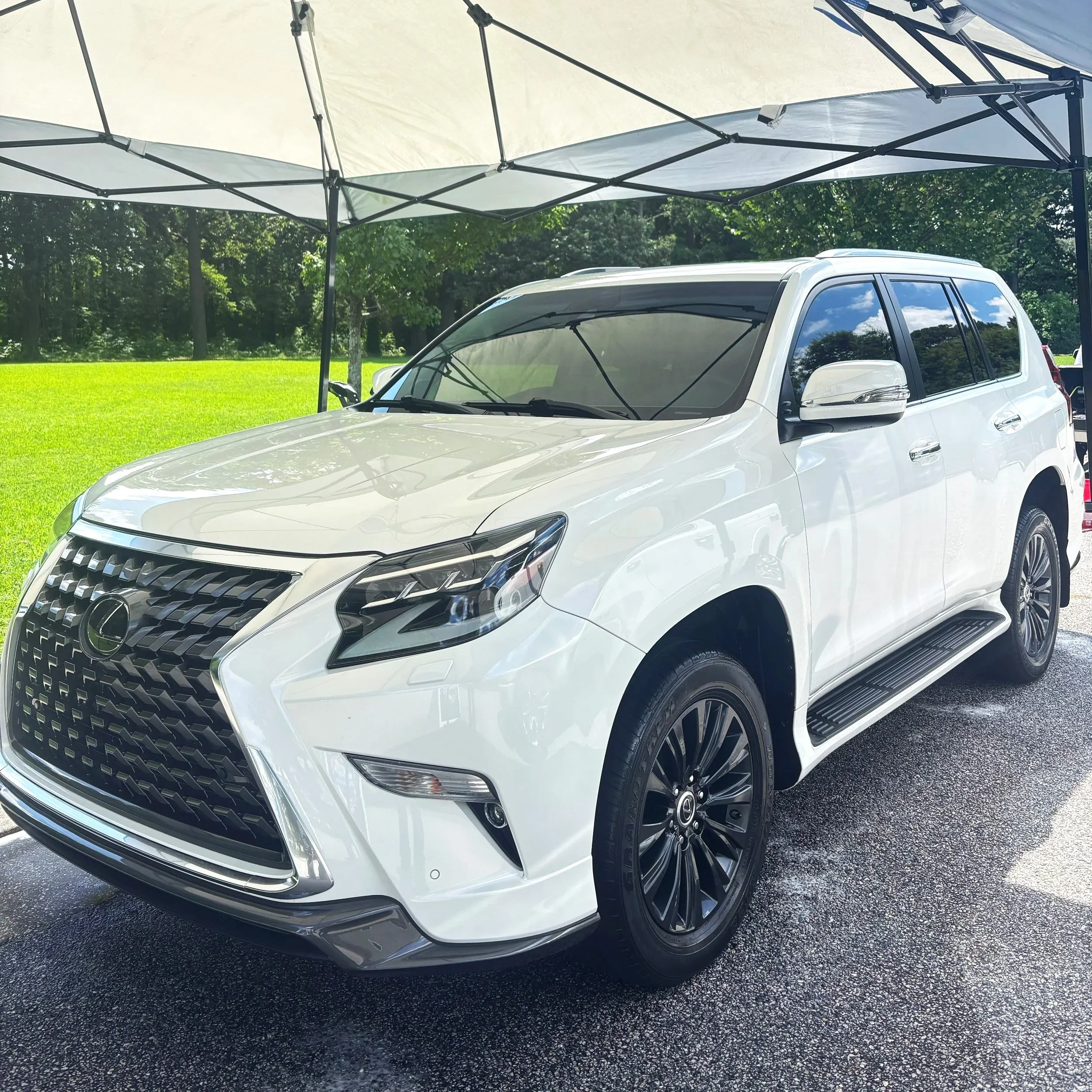 White Lexus SUV parked under a canopy with green grass and trees in the background.