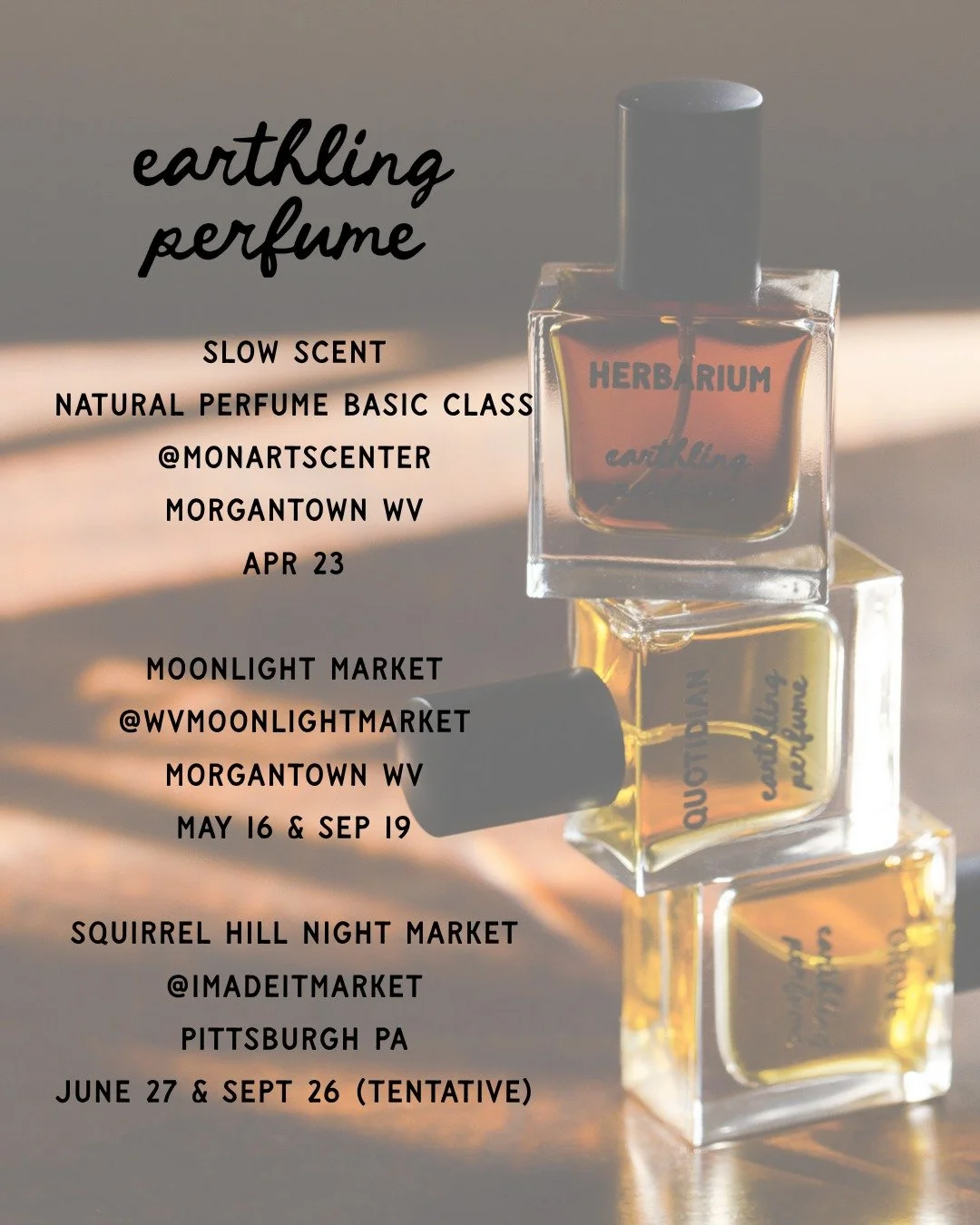 EP events for spring and summer. Looking forward to them.😊

Although in-person events are intentionally scaled back, you can always inquire on this platform or via email (stacy@earthlingperfume.com) or browse www.earthlingperfume.com (shipping in th