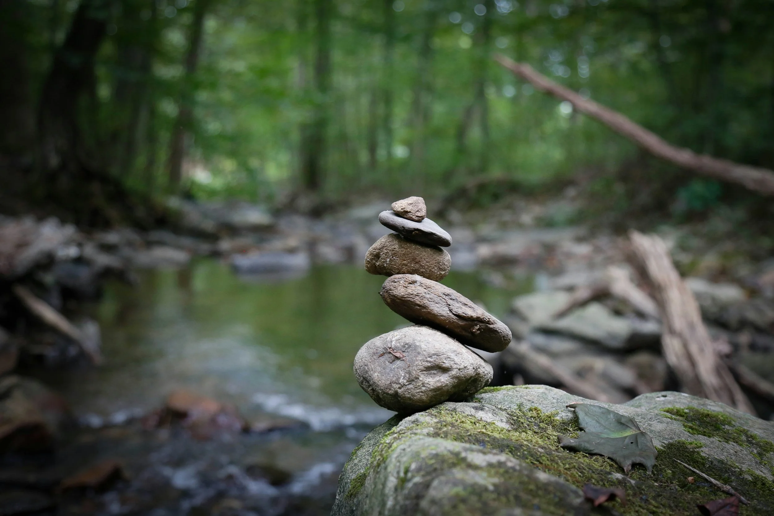 Stacked rocks on a mossy rock in a forest stream with green trees in the background.
