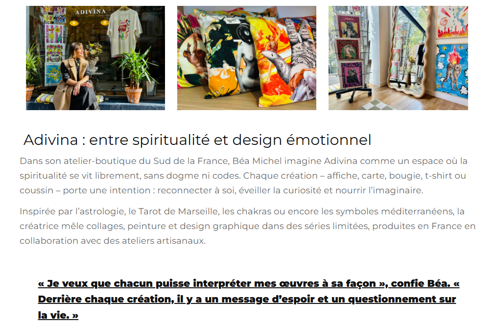 Trois images d'œuvres d'art et d'objets de décoration aux couleurs vives et aux motifs artistiques, présentées dans un espace d'exposition.