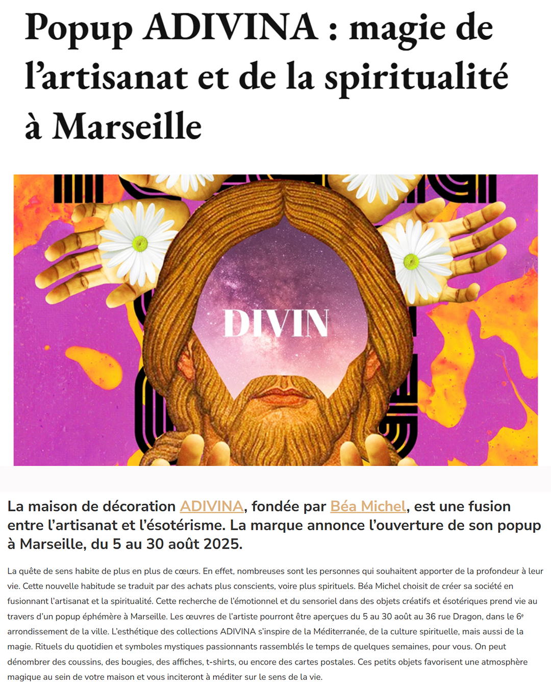 Une illustration artistique représentant une image spirituelle avec un visage de Jésus Christ stylisé, entouré de mains, de fleurs et d'un fond coloré et psychédélique, avec le mot 'DIVIN' écrit en plein centre.