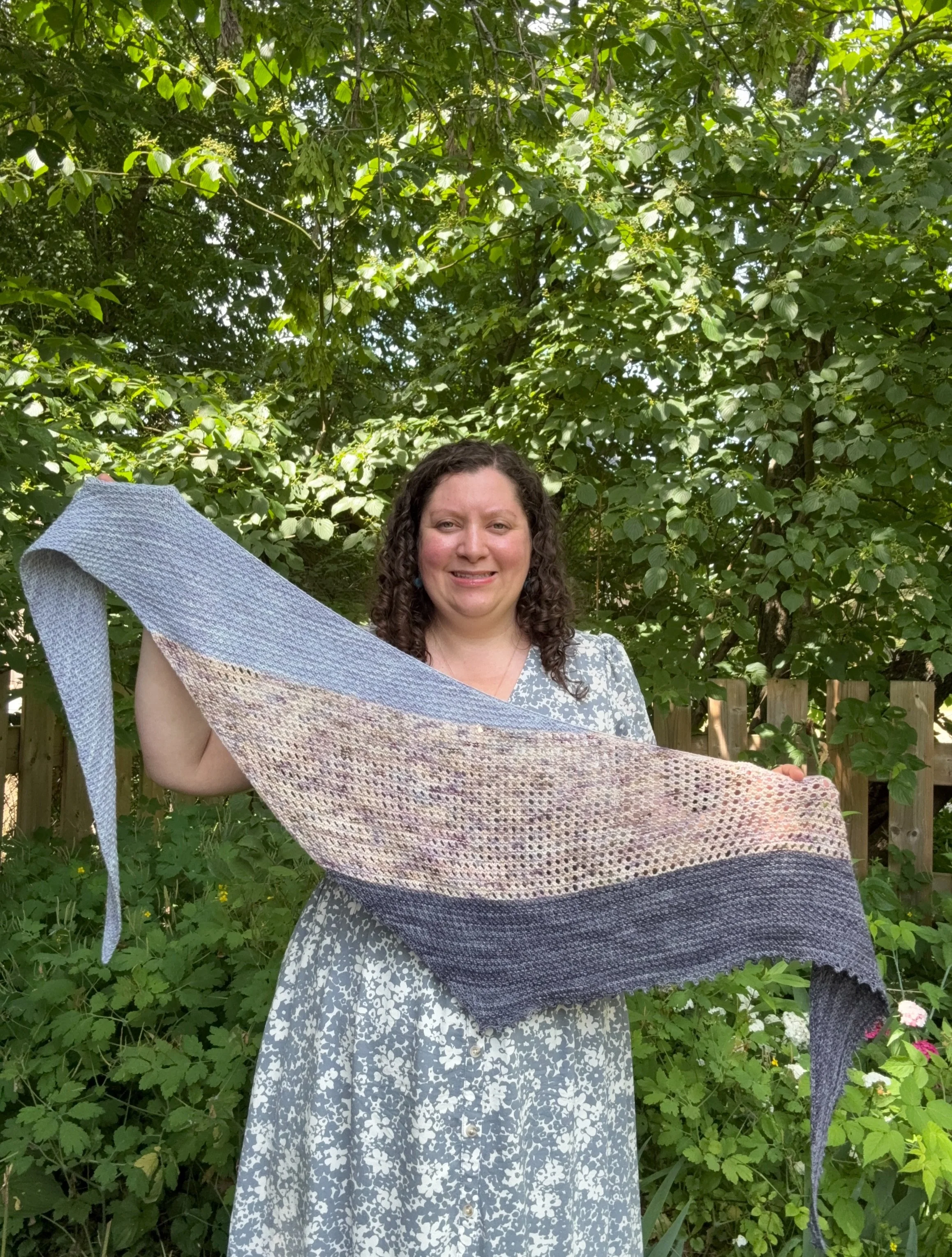 Sampler Shawlette, a cute shawlette with a sample of simple stitch patterns.

Combining 3 different stitch patterns, &amp; 3 mini 50g skeins, this pattern is versatile, you can stash bust, or switch up the order of the stitch patterns. The choice is 