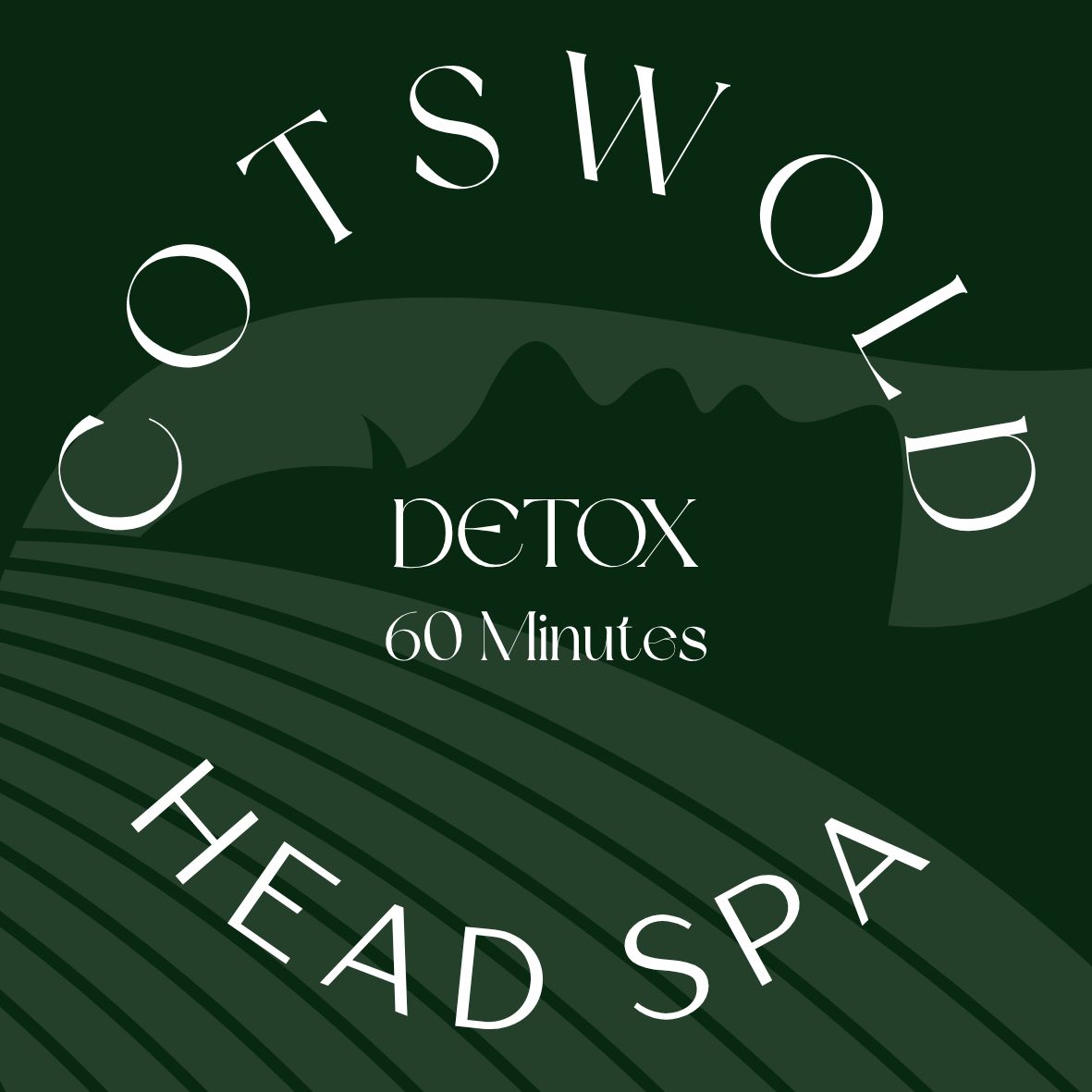 Logo for Detox & Dry, a 60-minute head spa treatment, featuring green background and curved white text.