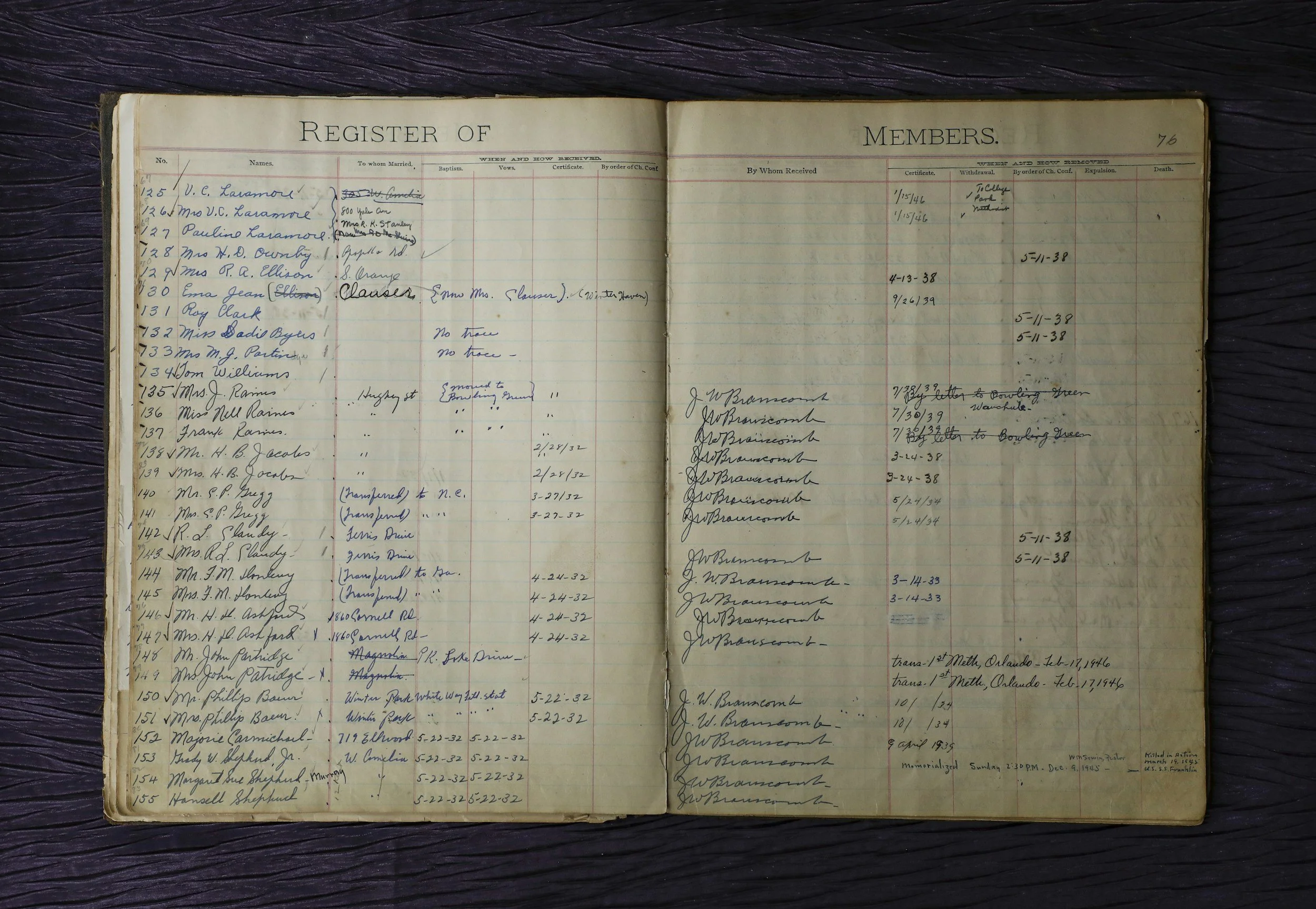 An open old handwritten register book on a dark wooden surface, with entries containing names, dates, and notes in blue and black ink.