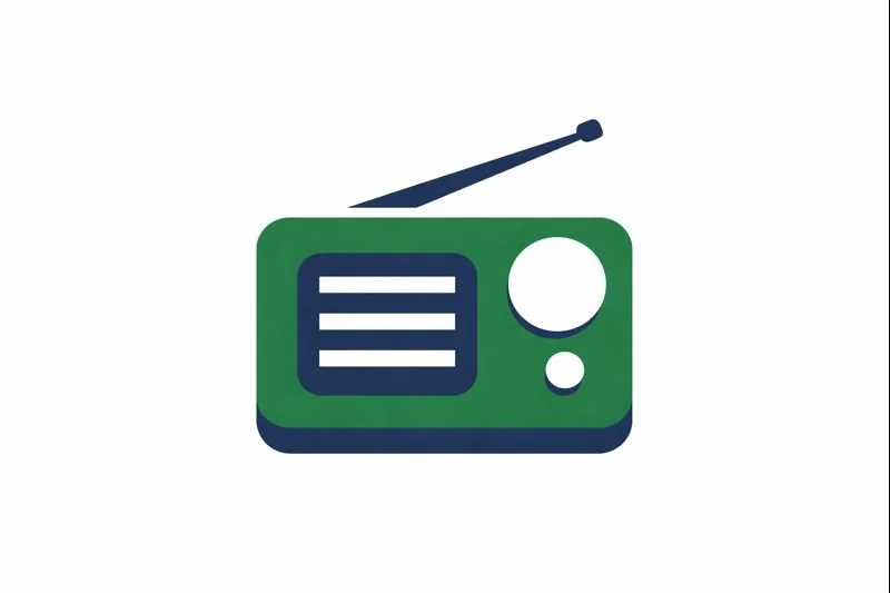 A stylized illustration of a vintage radio with an antenna on top, depicted in green and dark blue colors.