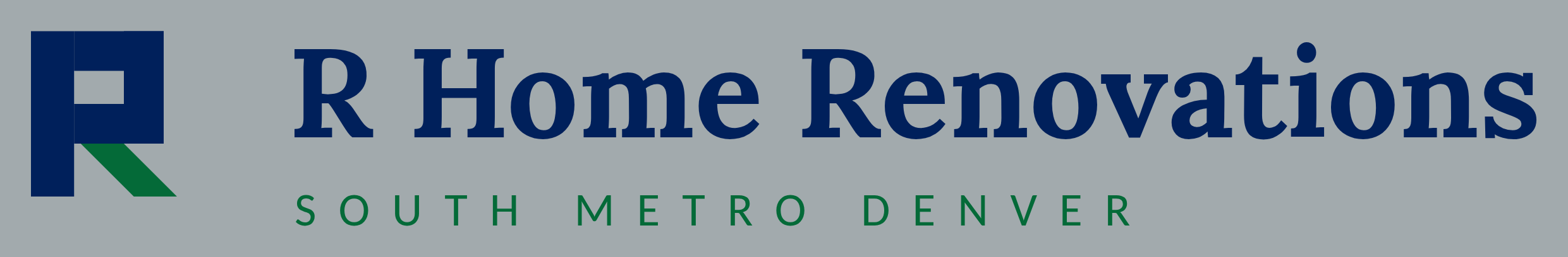 Logo for R Home Renovations South Metro Denver, with a stylized R in navy blue, dark green, and gray.