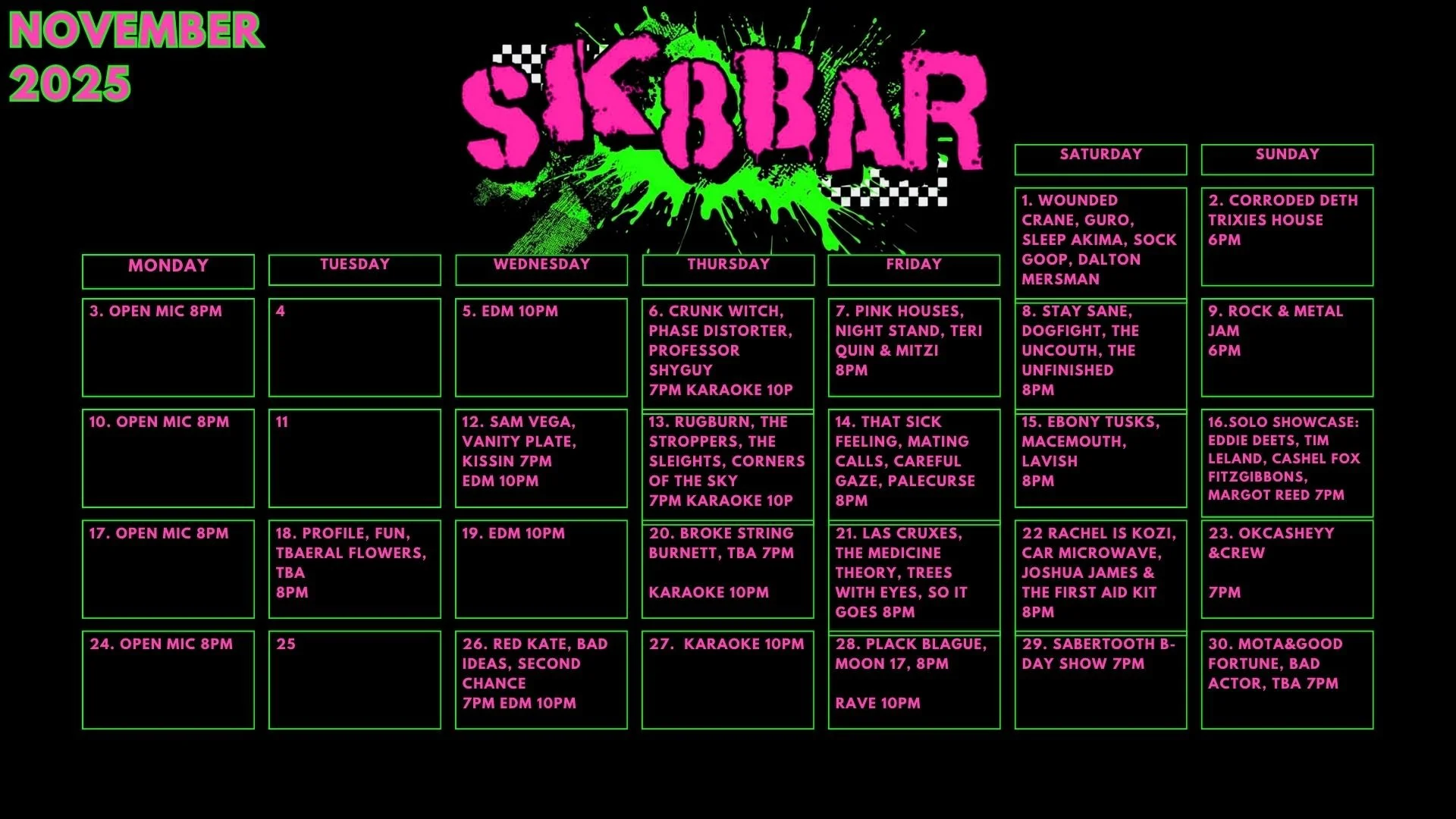 November! Reminder that even when there's not a show happening, we're open 6pm-1:30am, 7 days/wk, and the basement lounge is OPEN

#kcmo #westport #livemusic #sk8bar #sk8barkc #punk #hardcore #metalmusic #rapmusic #countrymusic #etc #speakeasy #night